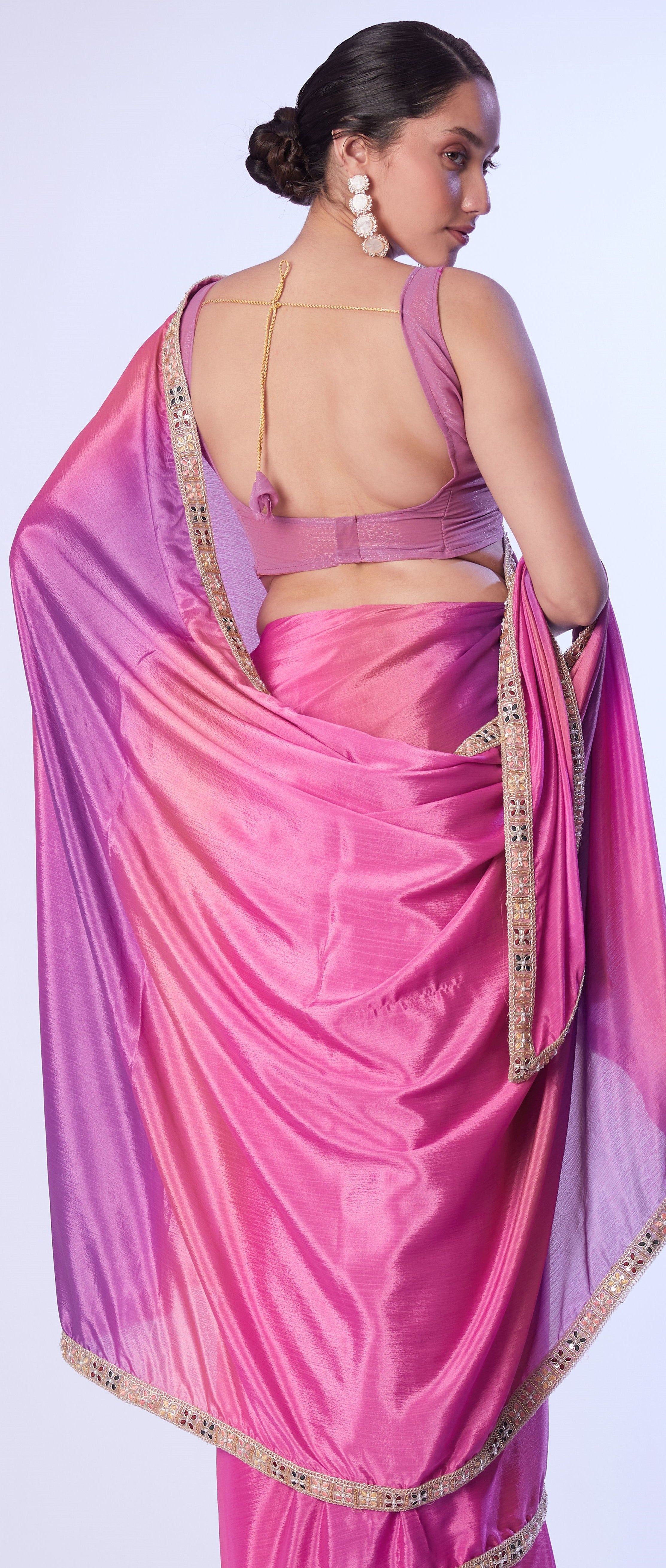 Pink Beautiful Chinon Solid Designer Bollywood Party Saree