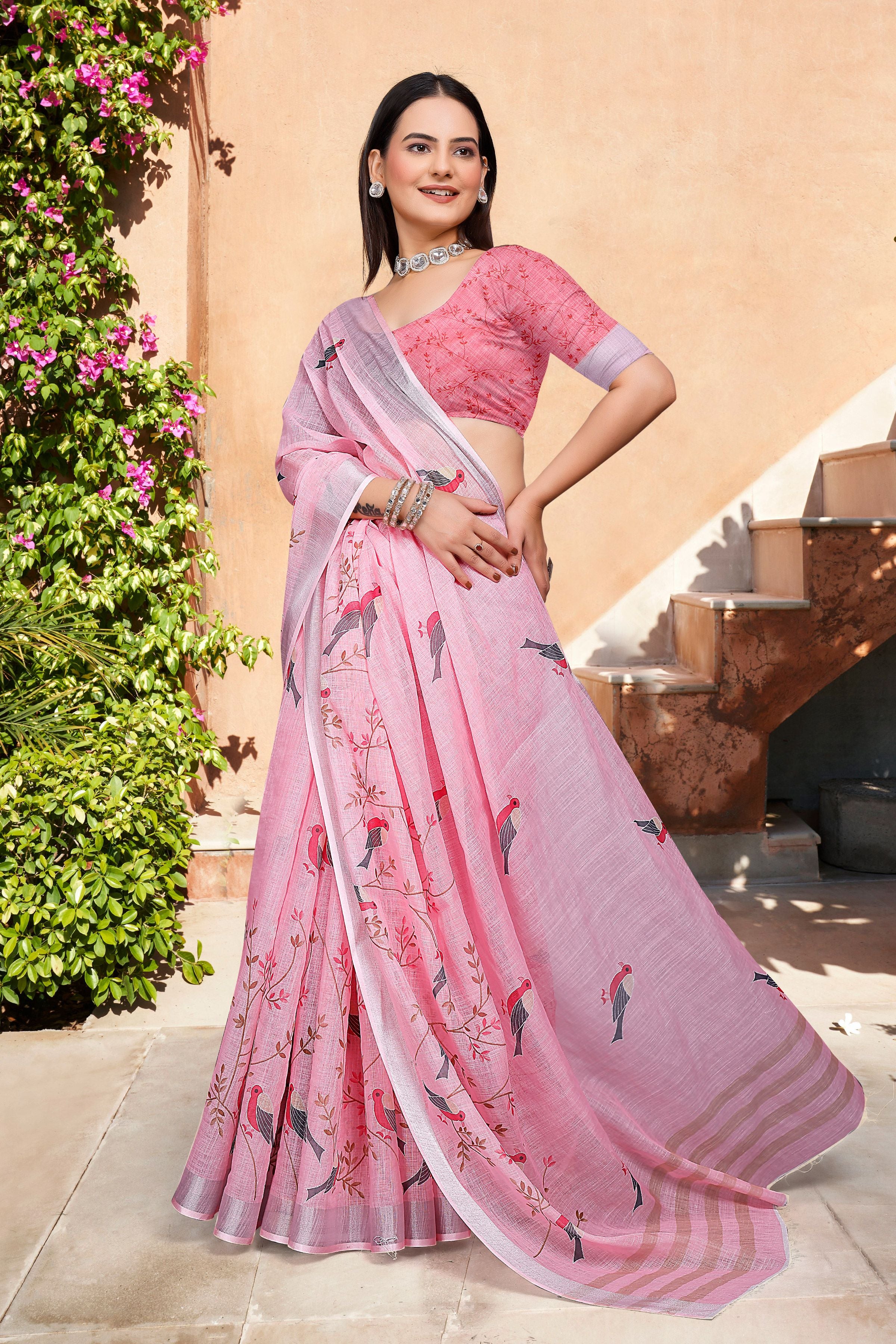 Pink Beautiful Designer Printed Saree With Woven Border