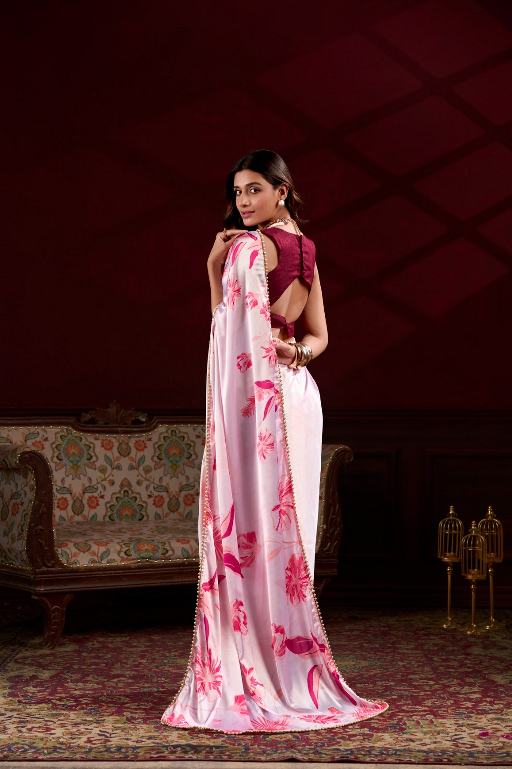 Pink Beautiful Floral Printed Japan Satin Silk Graceful Evening Party Saree
