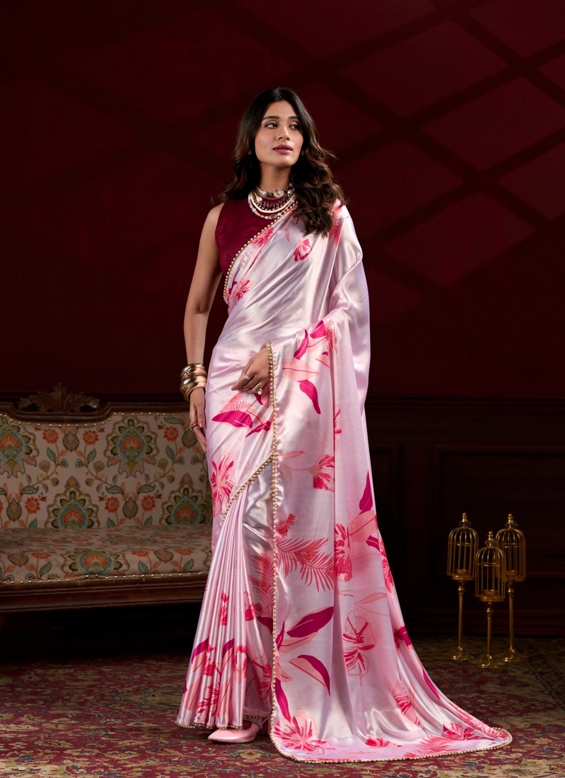 Pink Beautiful Floral Printed Japan Satin Silk Graceful Evening Party Saree