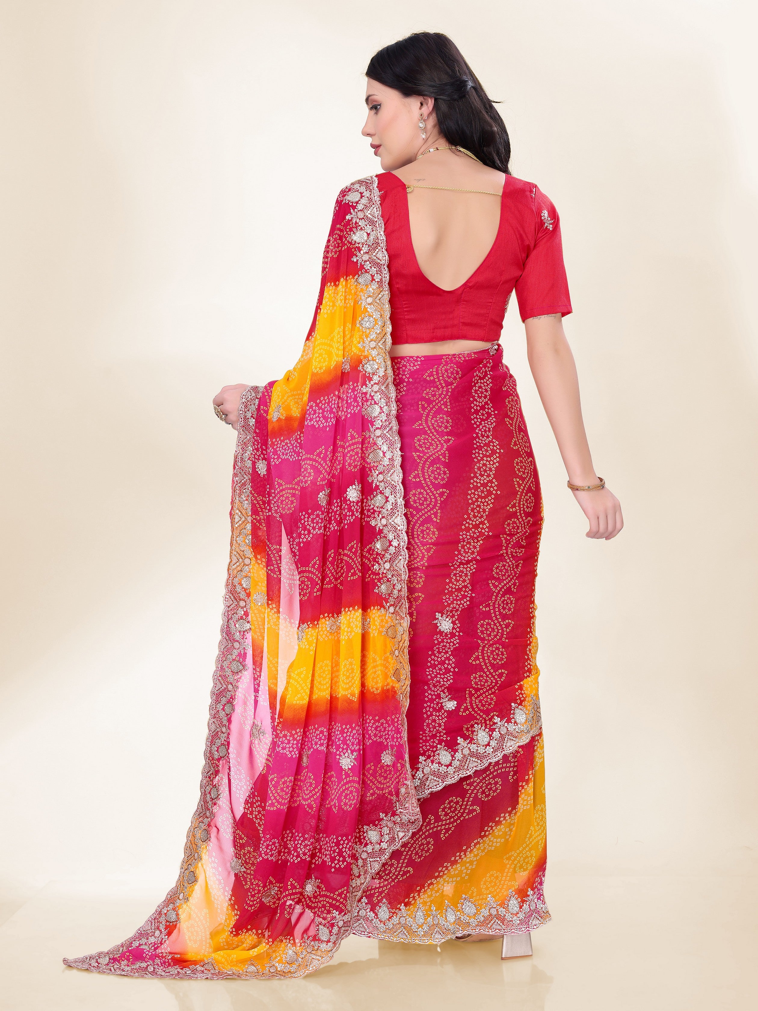 Pink Beautiful Georgette Bandhej Printed Festive Saree