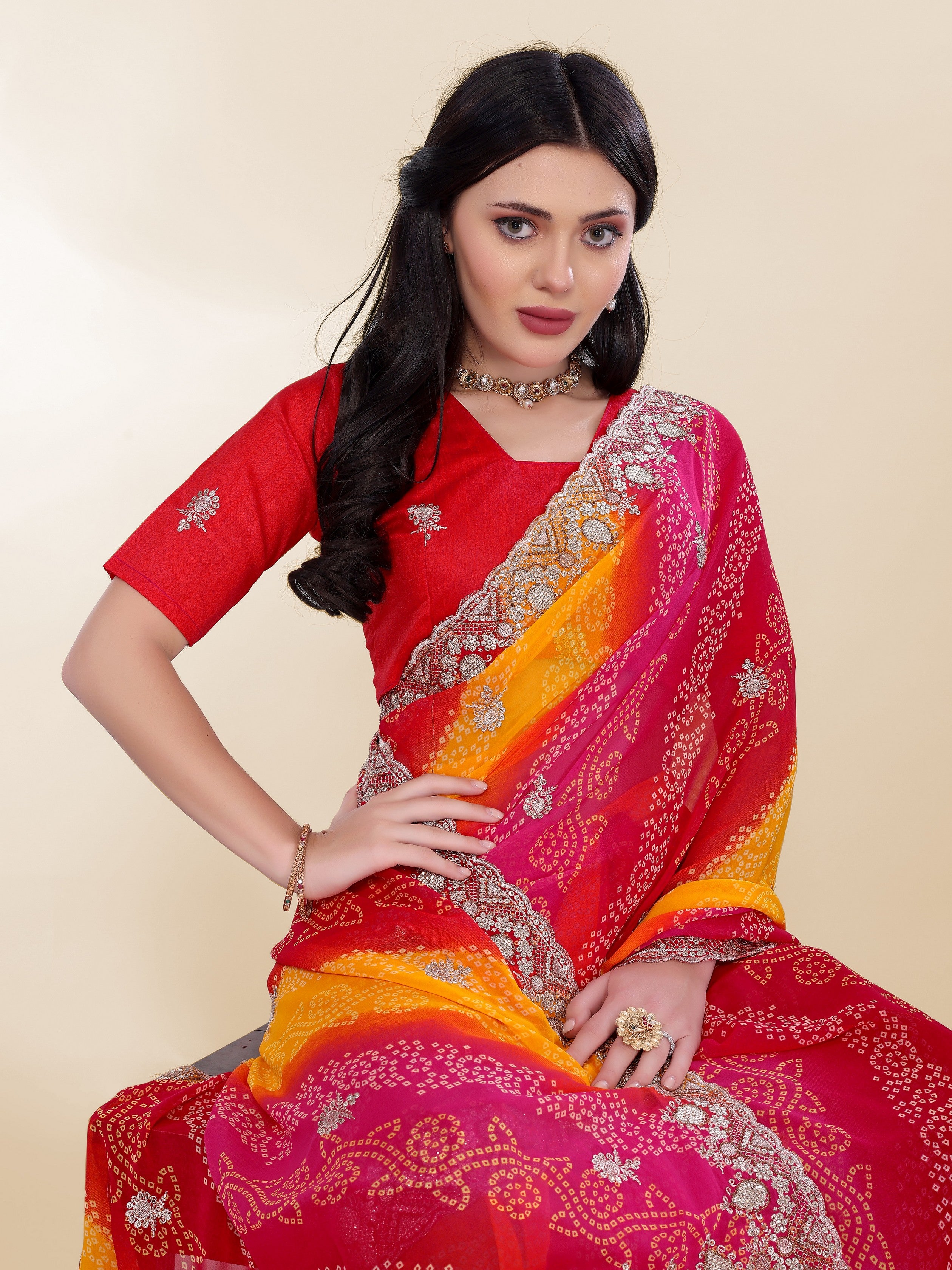Pink Beautiful Georgette Bandhej Printed Festive Saree