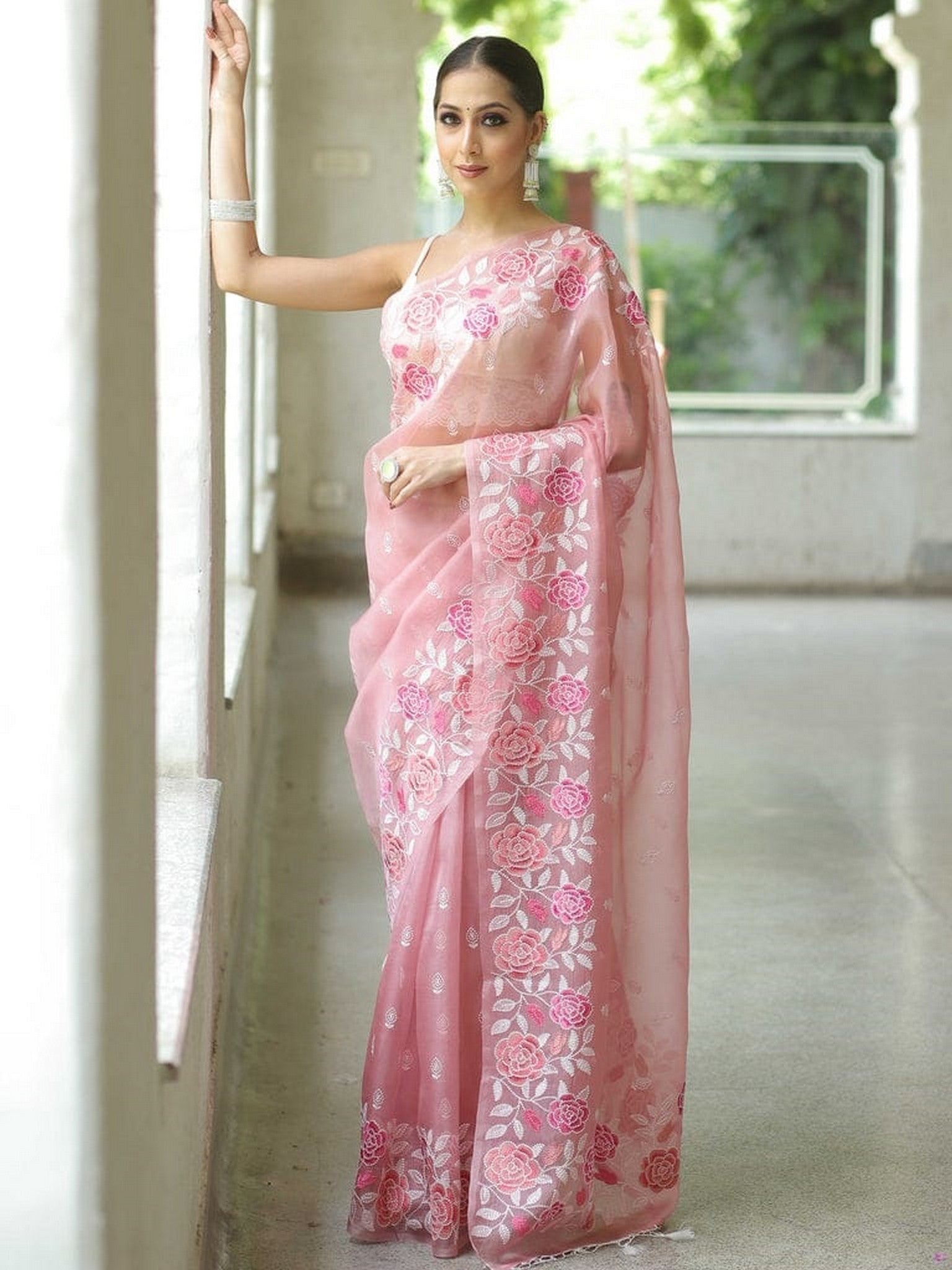 Pink Beautiful Organza Ethnic Embroidered Girlie Saree