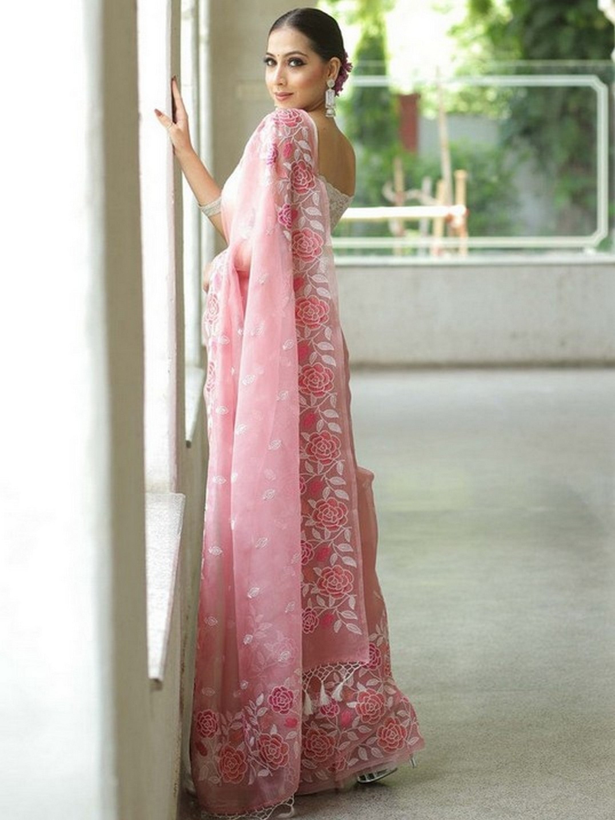 Pink Beautiful Organza Ethnic Embroidered Girlie Saree