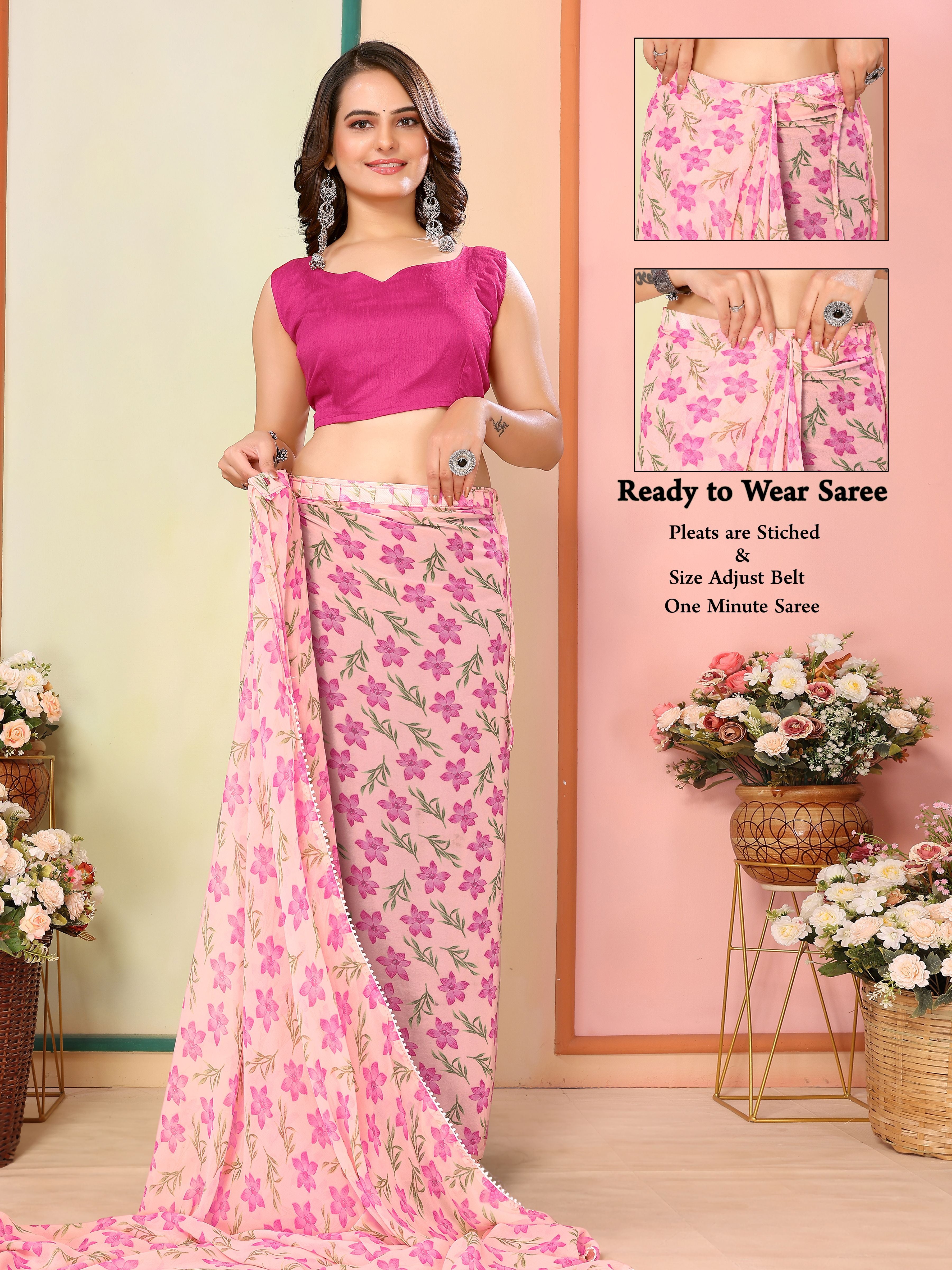 Pink Beautiful Pinted Ready To Wear Ethnic Partywear Saree