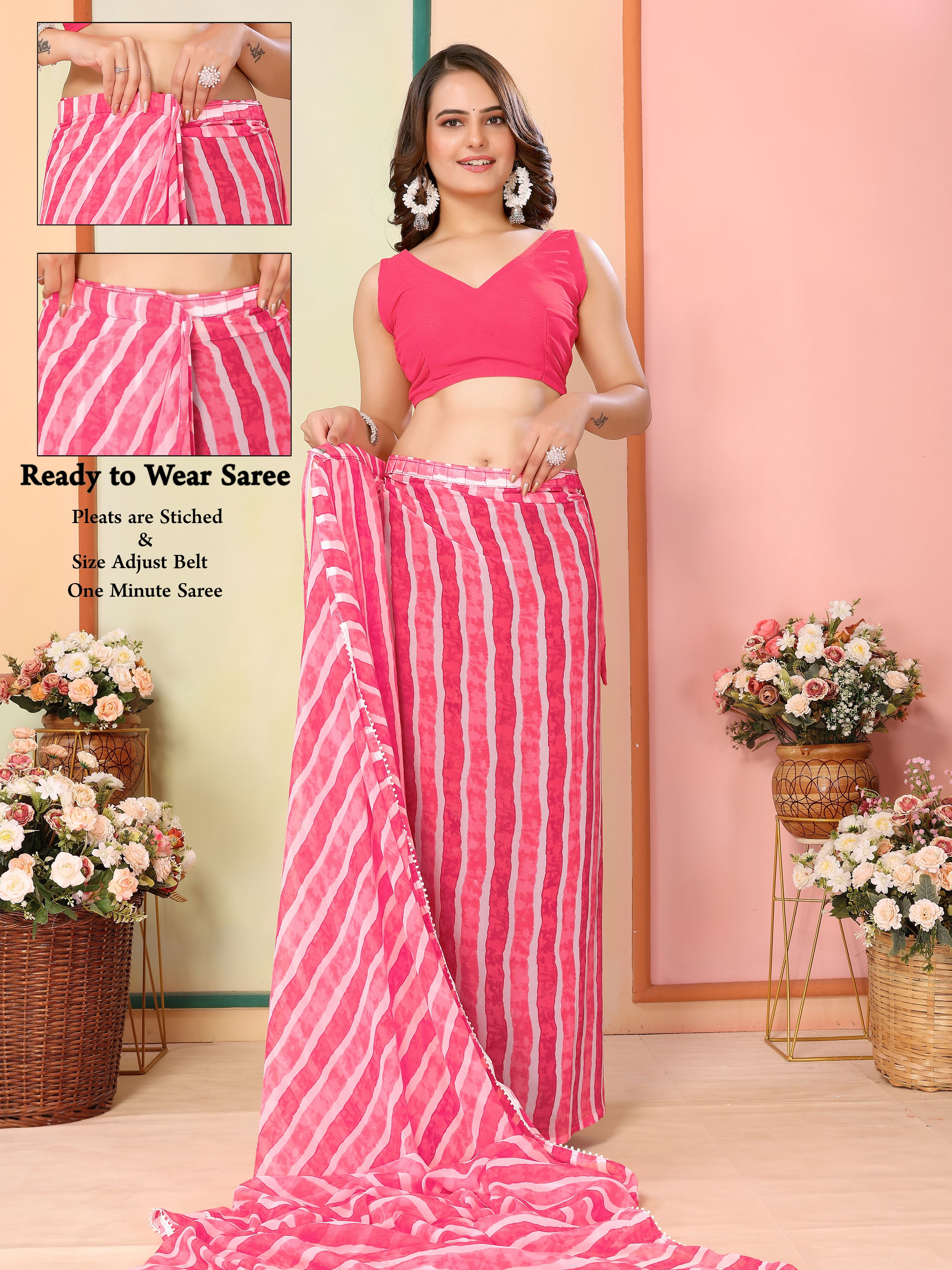 Pink Beautiful Pinted Ready To Wear Ethnic Partywear Saree