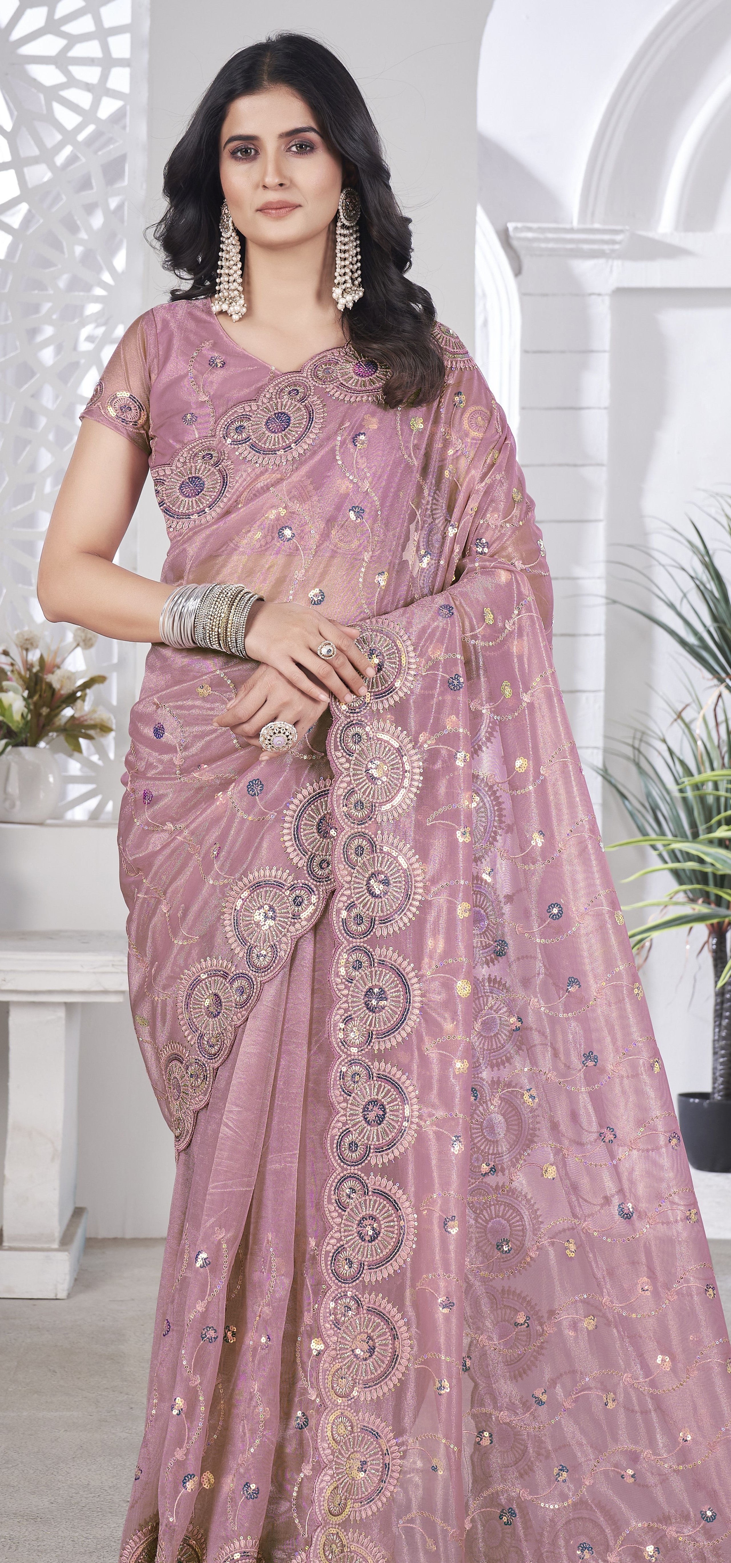 Pink Beautiful Tissue Net Sequins Work Saree