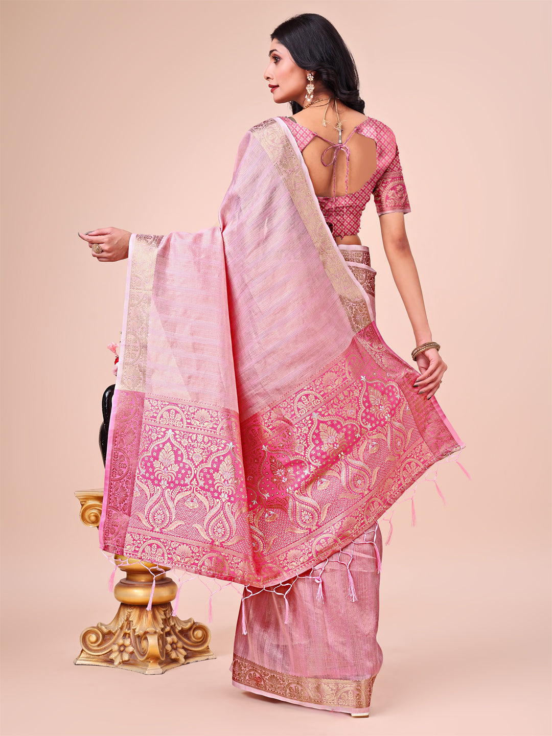 Pink Beautiful Woven Designer Organza Saree