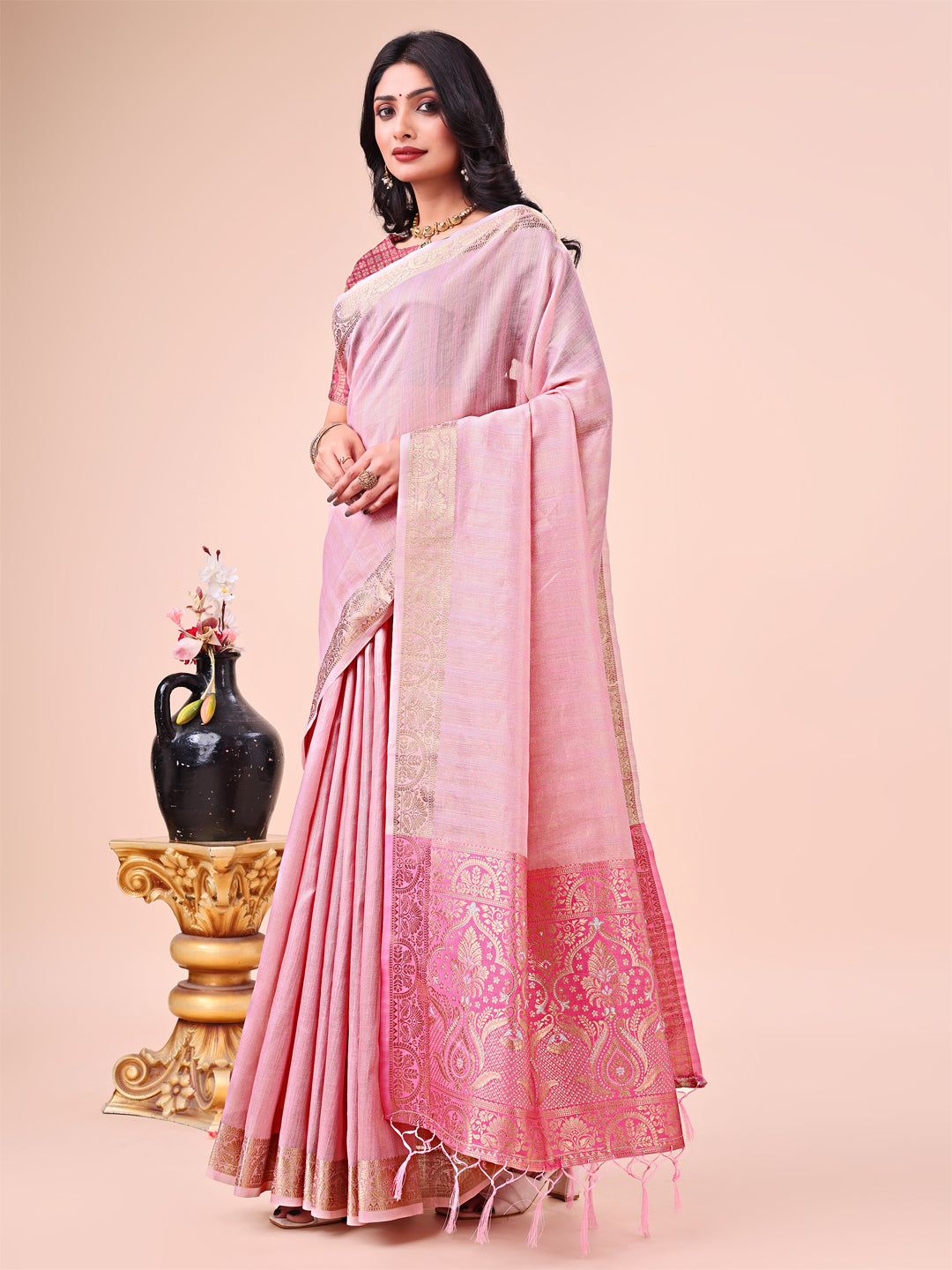 Pink Beautiful Woven Designer Organza Saree
