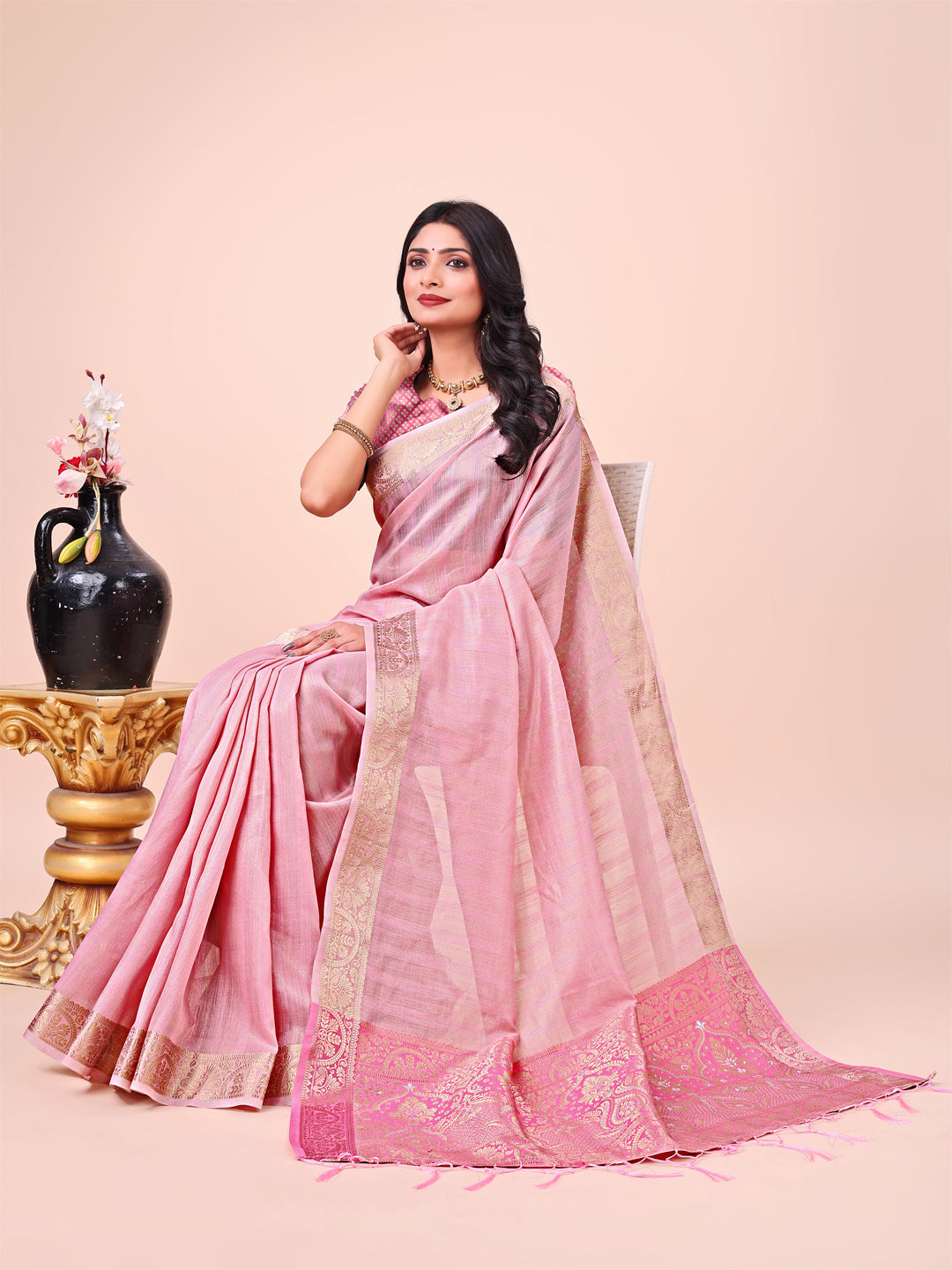 Pink Beautiful Woven Designer Organza Saree