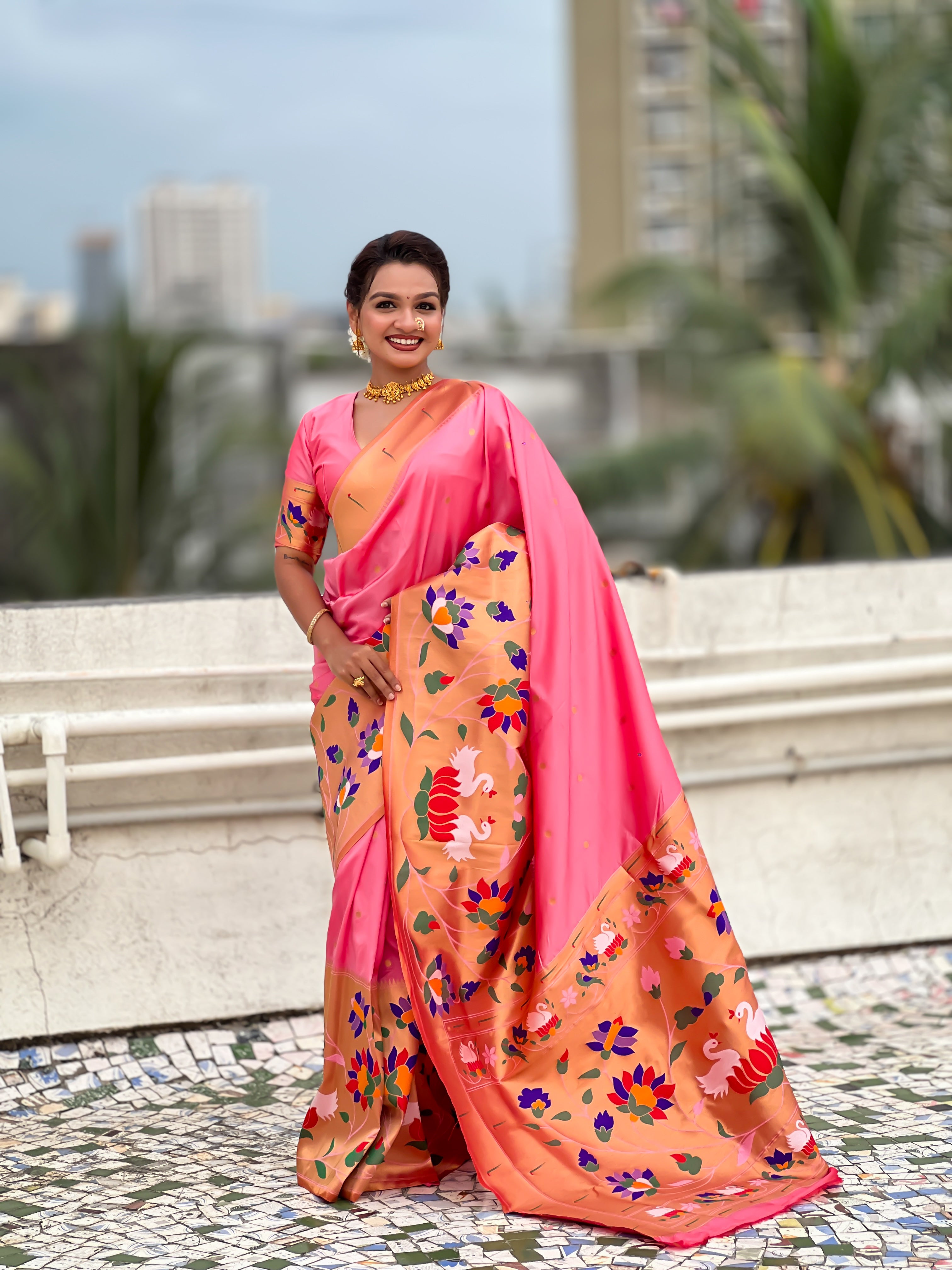 Pink Beautiful Woven Meenakari Polka Designer Paithani Silk Ethnic Graceful Saree