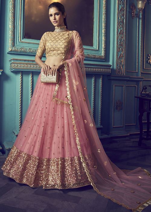 Pink Beige Sequins Net Wedding Wear Lehenga Choli With Dupatta