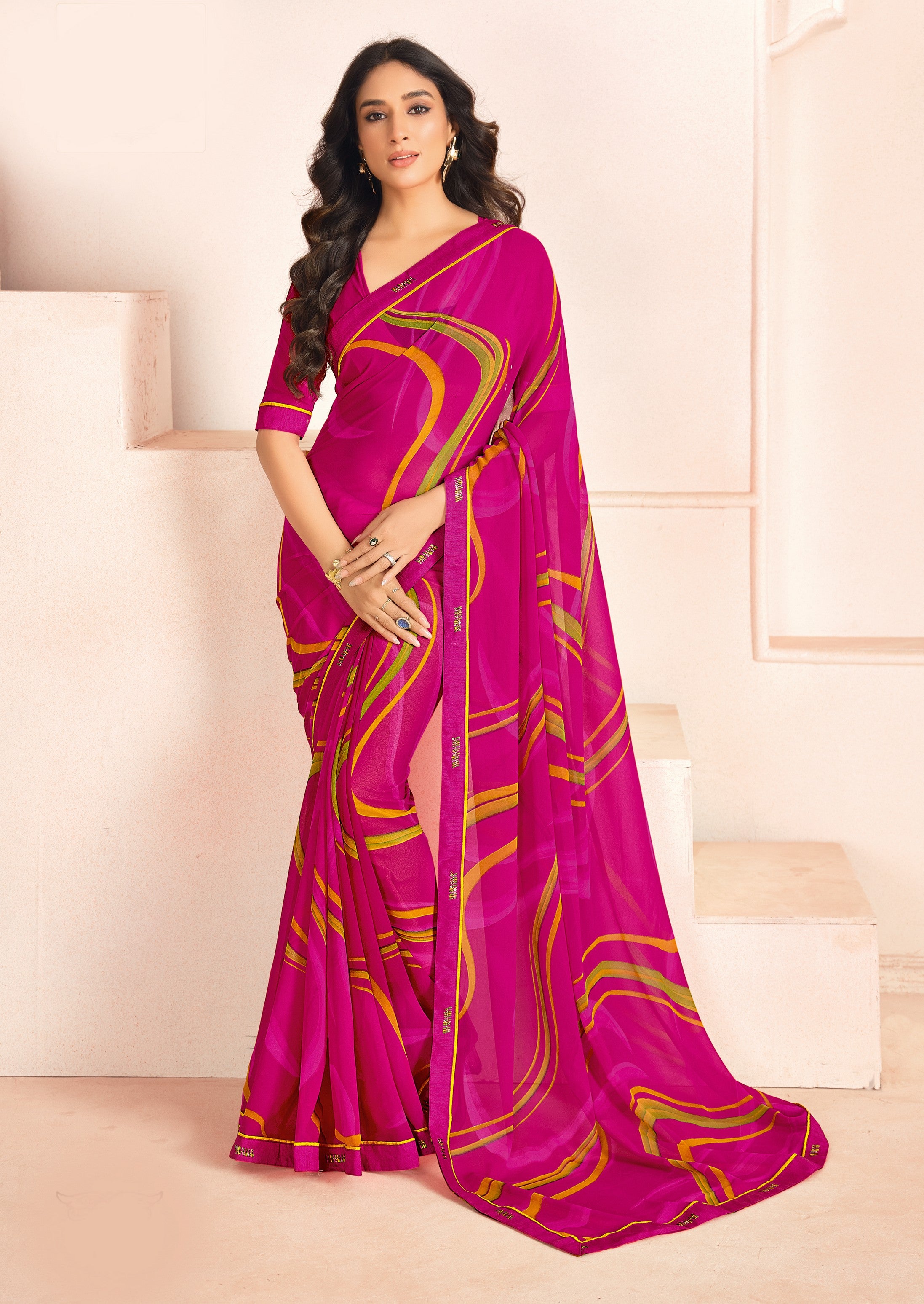 Pink Bemberg Georgette Elegant Designer Digital Printed Ceremonial Classy Saree