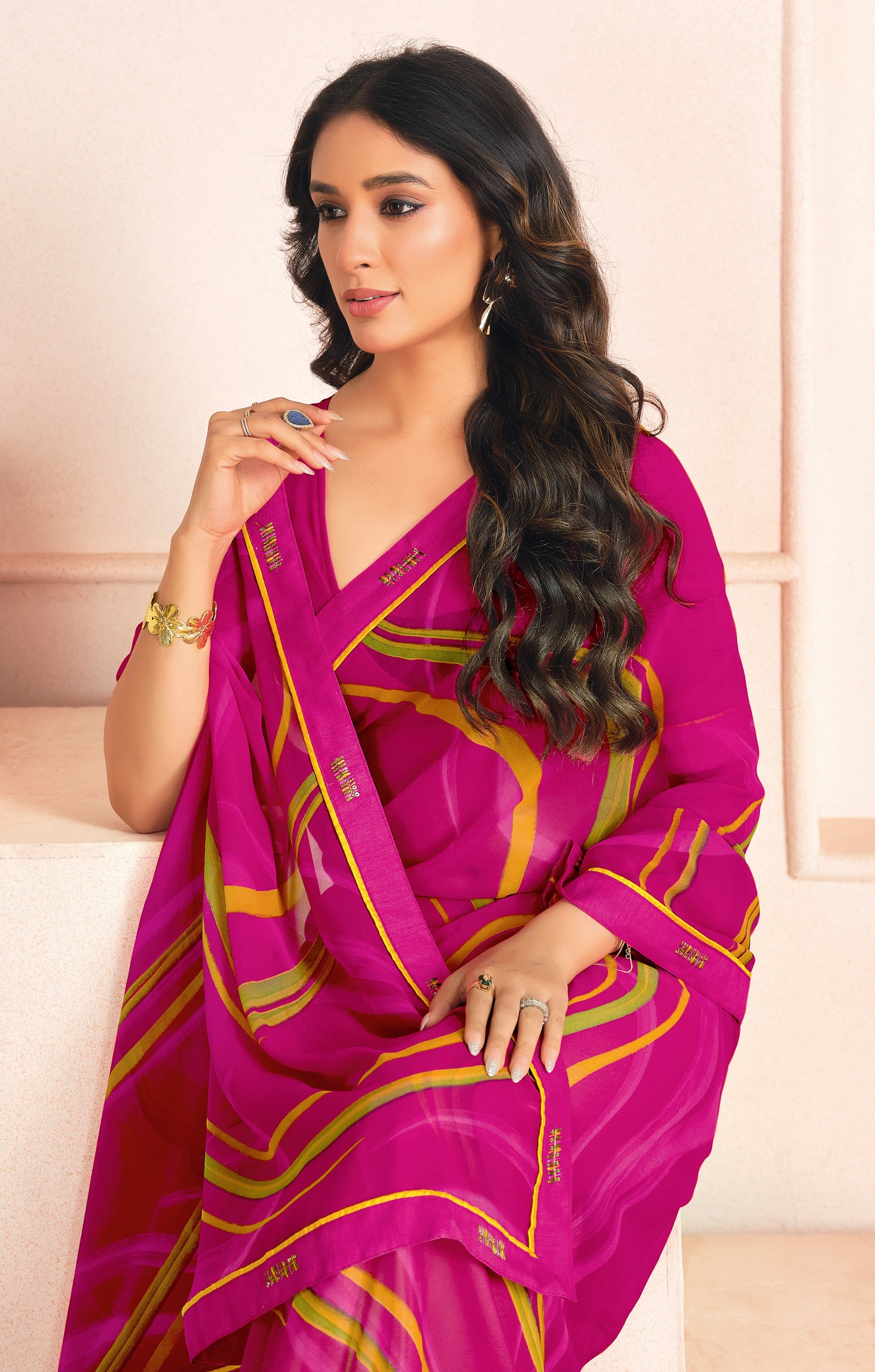 Pink Bemberg Georgette Elegant Designer Digital Printed Ceremonial Classy Saree
