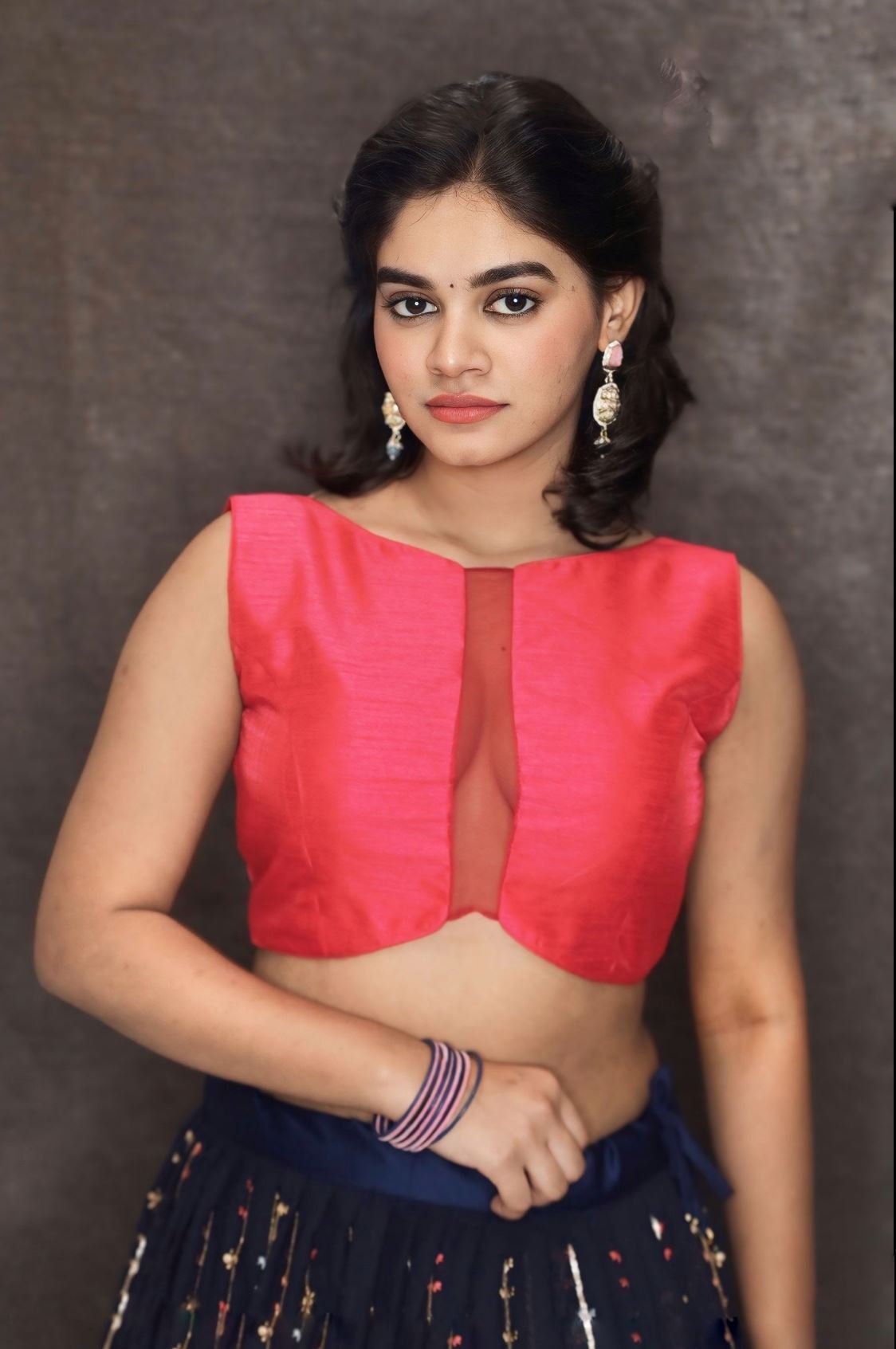 Pink Blouse In Art Silk With Sequins Work, Sheer Center Cut Out And Criss-Cross Tie Up Back