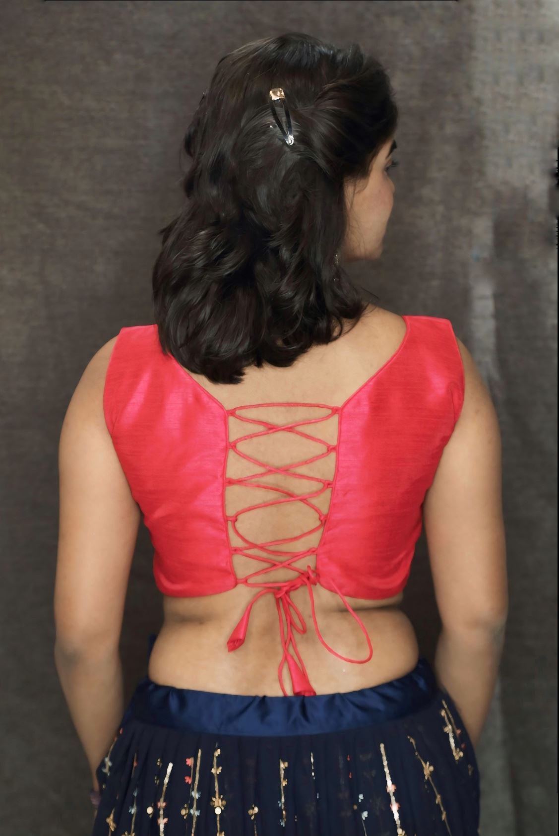 Pink Blouse In Art Silk With Sequins Work, Sheer Center Cut Out And Criss-Cross Tie Up Back