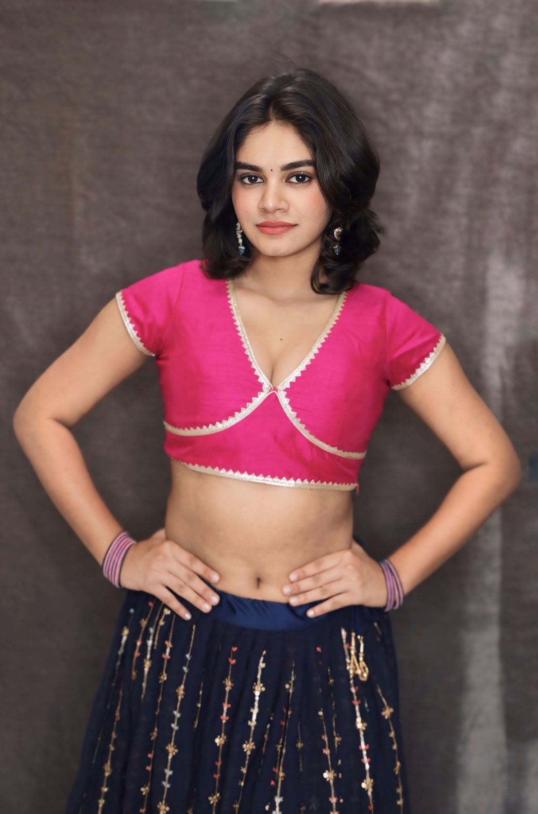 Pink Blouse in Art Silk With Lace and V Neckline