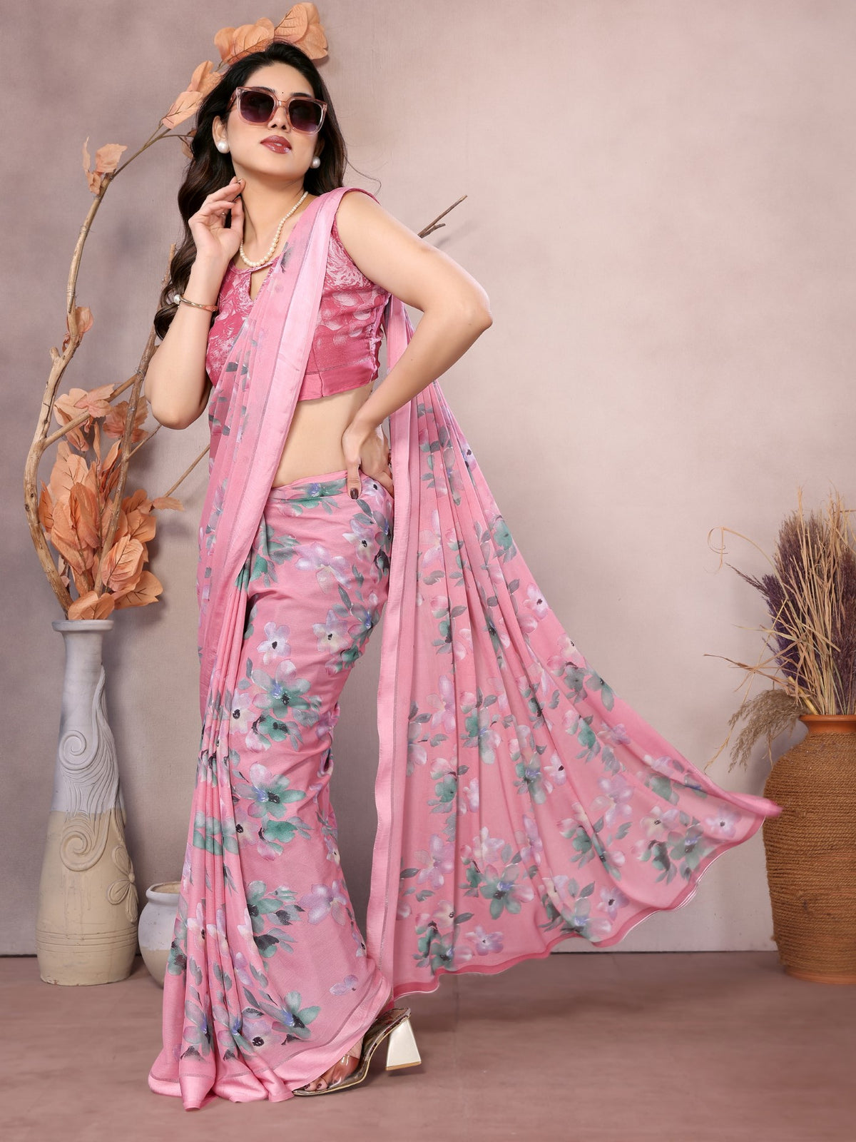 Pink Bright Moss Satin Patta Saree With Printed