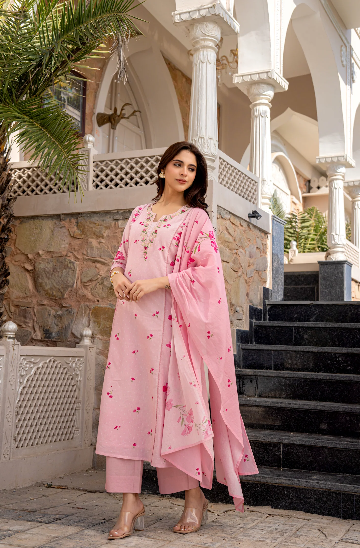 Pink Chanderi Butti Kurta Pant Set Printed