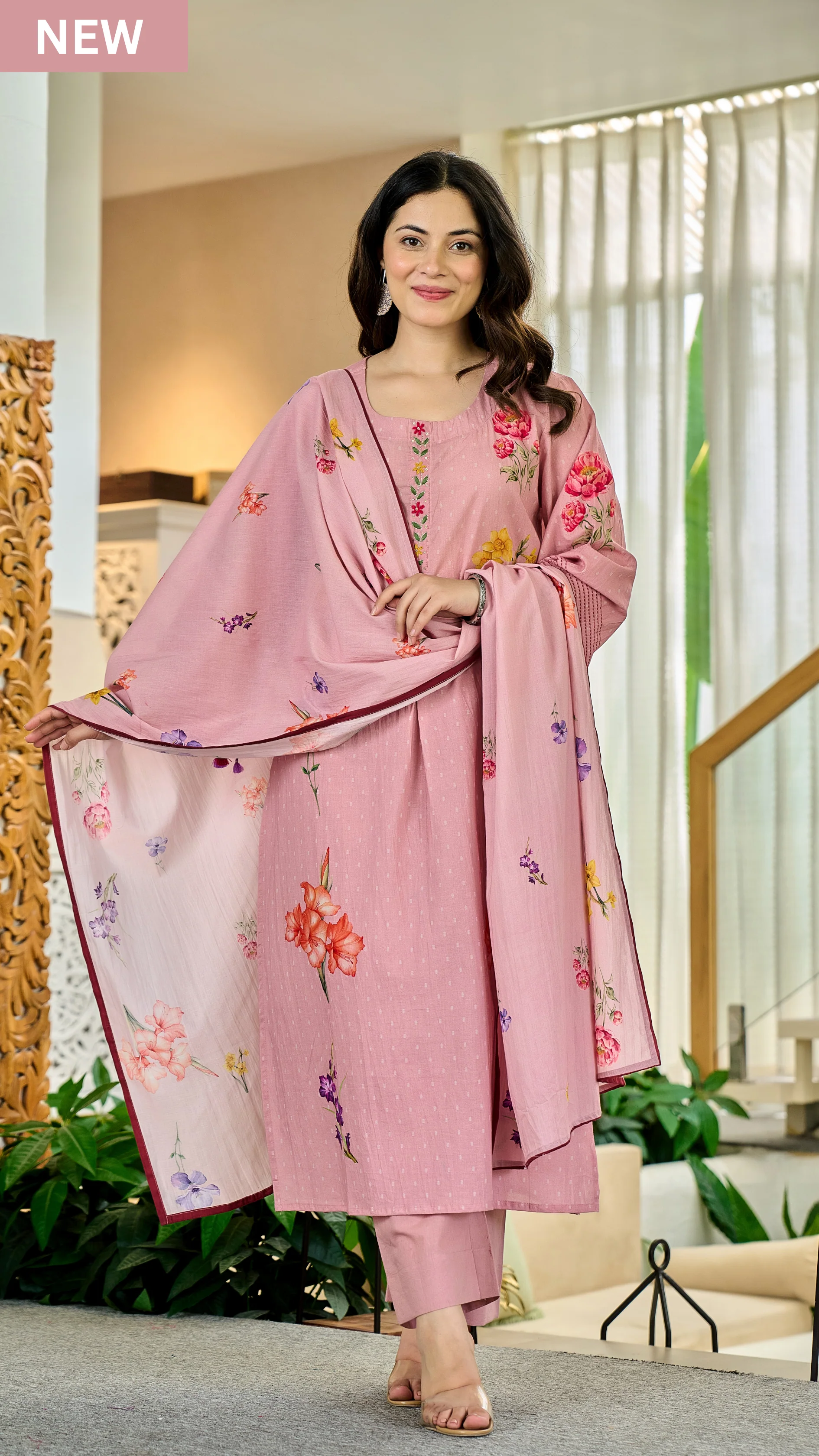 Pink Chanderi Butti Kurta Pant Set Printed