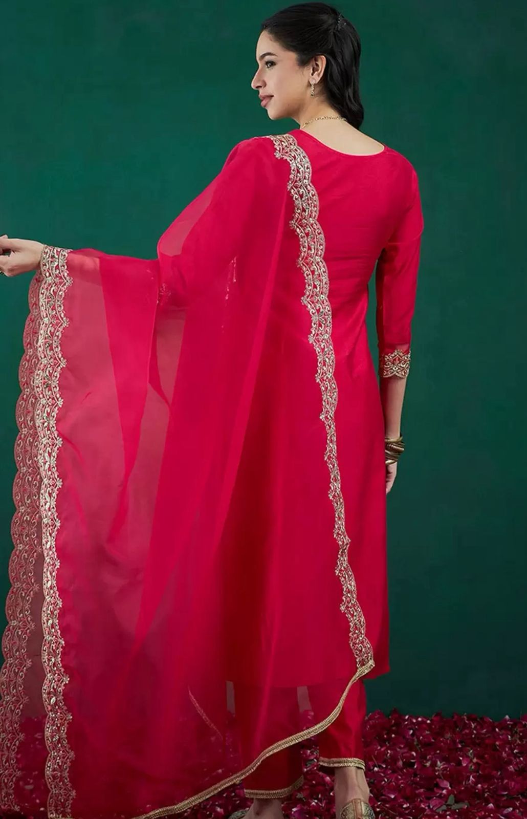 Pink Chanderi Kurta Pant Set With Heavy Thread Embroidered Work