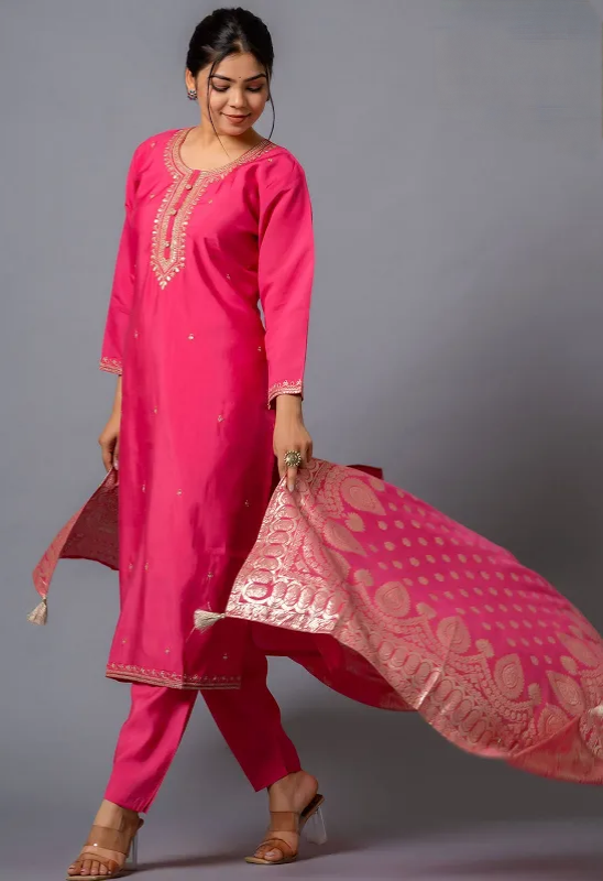 Pink Chanderi Viscose Kurta Pant Set With Embroidery Work