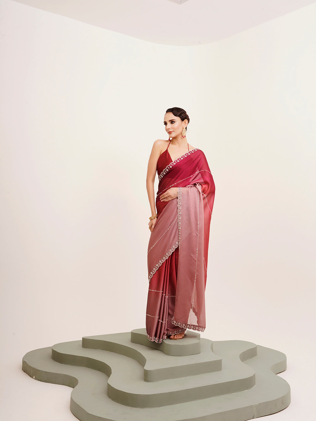 Pink Chiffon Embellished Beads And Stones Work Fancy Saree