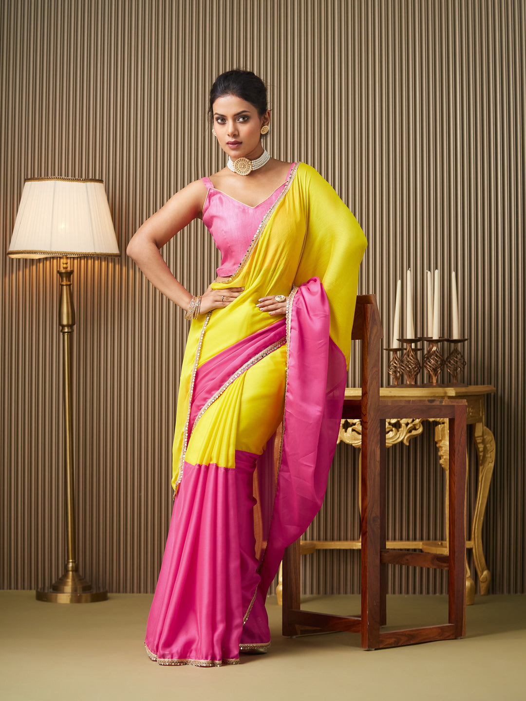 Pink Chiffon Mirrorwork Blocked Work Ceremonial Saree