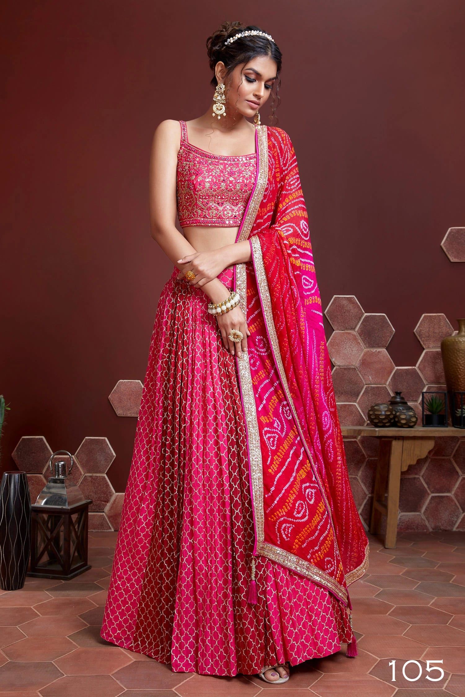 Pink Chinnon Silk Lehenga Choli With Digital Print and Heavy Embroidery Sequins with Real mirror work