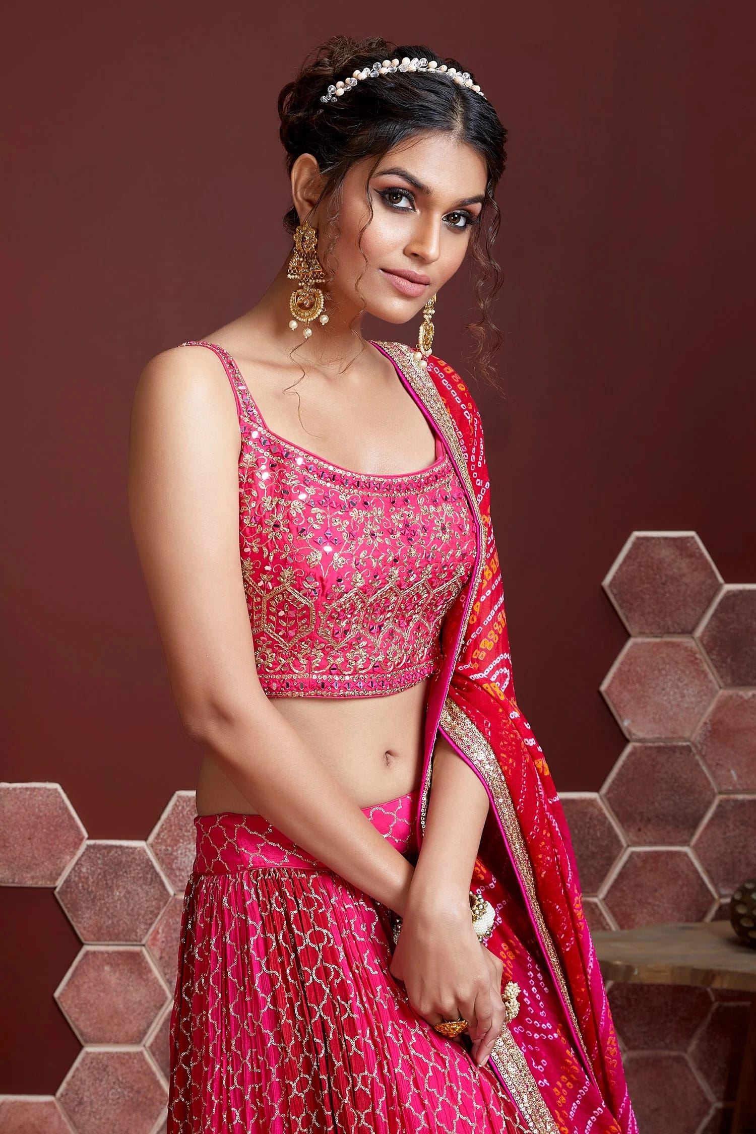 Pink Chinnon Silk Lehenga Choli With Digital Print and Heavy Embroidery Sequins with Real mirror work