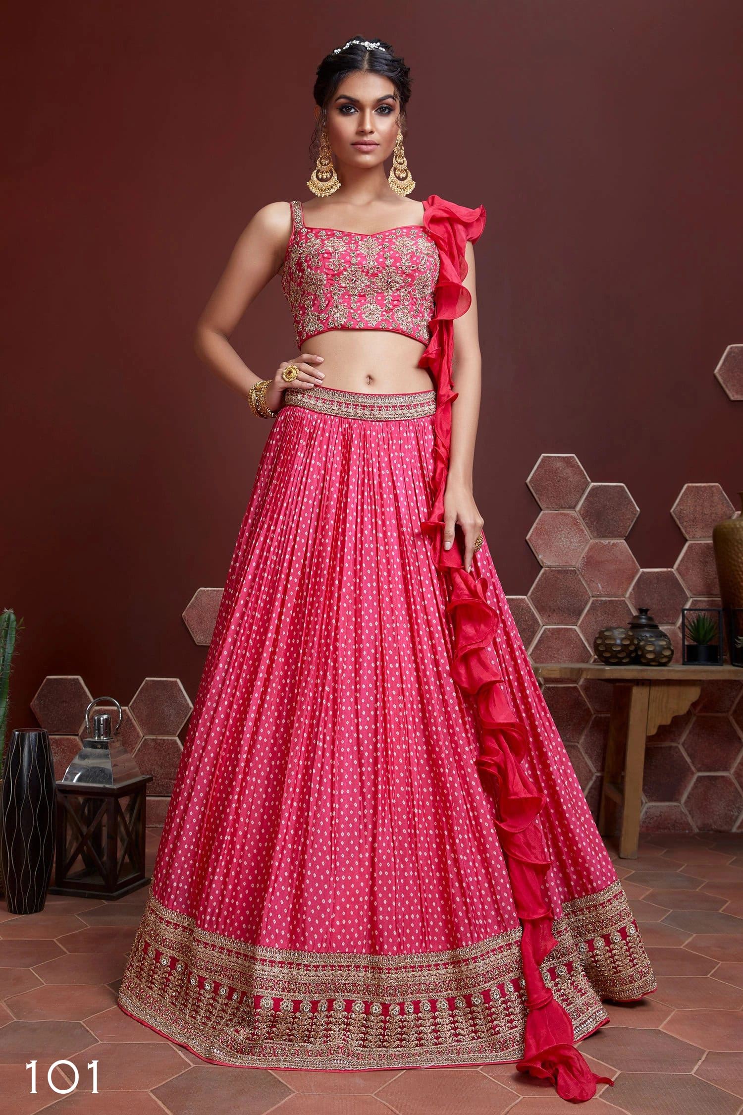 Pink Chinnon Silk Lehenga Choli With Digital Print and Heavy Embroidery with Savroski