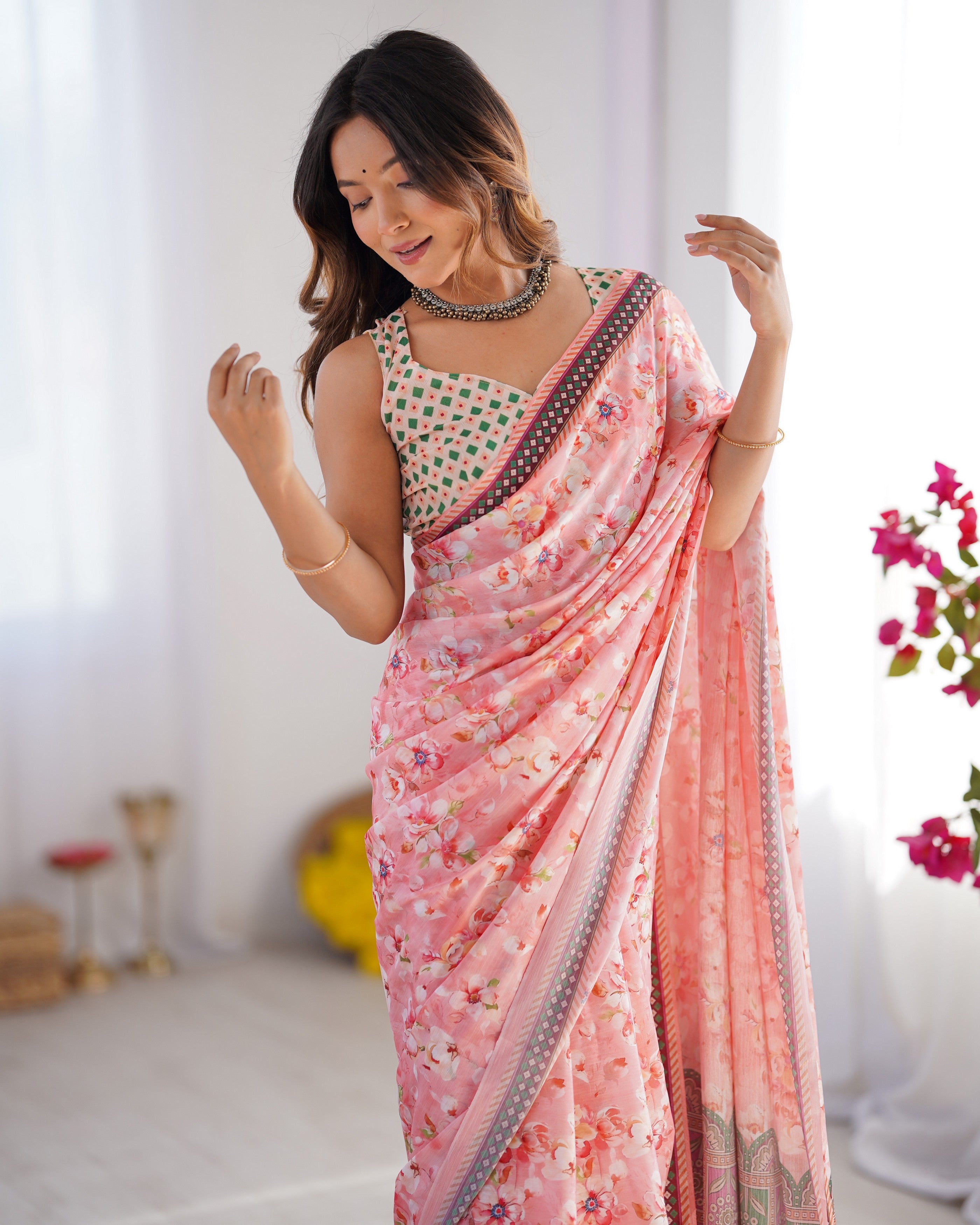 Pink Chinon Designer Printed Bollywood Style Saree