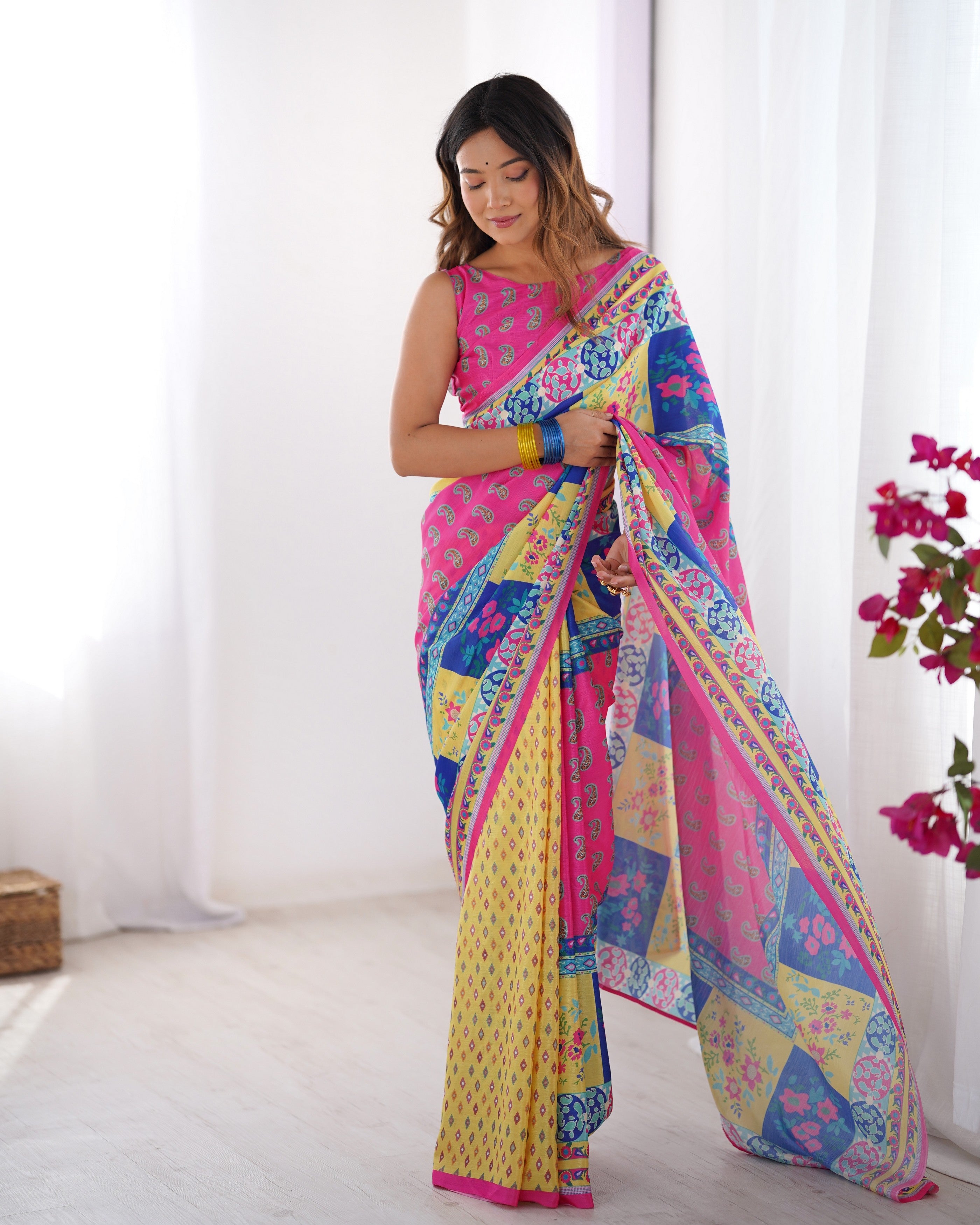 Pink Chinon Designer Printed Fancy Partywear Saree
