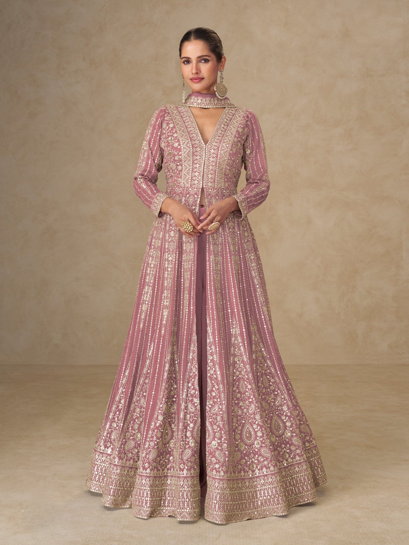 Pink Chinon Designer Suit Set With Elegant Embroidery