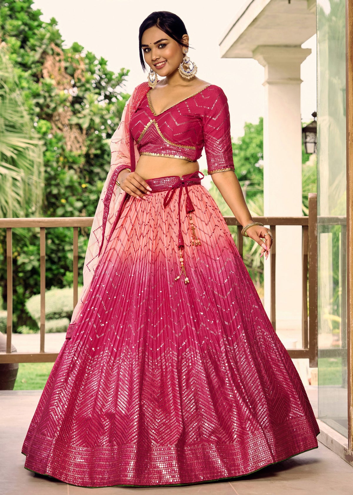 Pink Chinon Lehenga Choli With Sequins, Thread Embroidery Work
