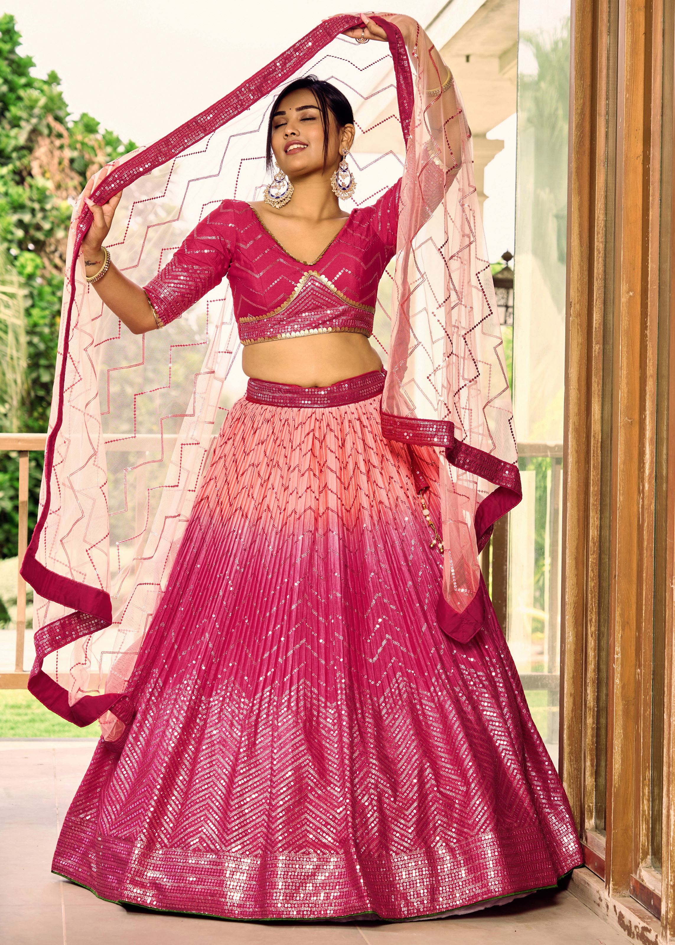 Pink Chinon Lehenga Choli With Sequins, Thread Embroidery Work