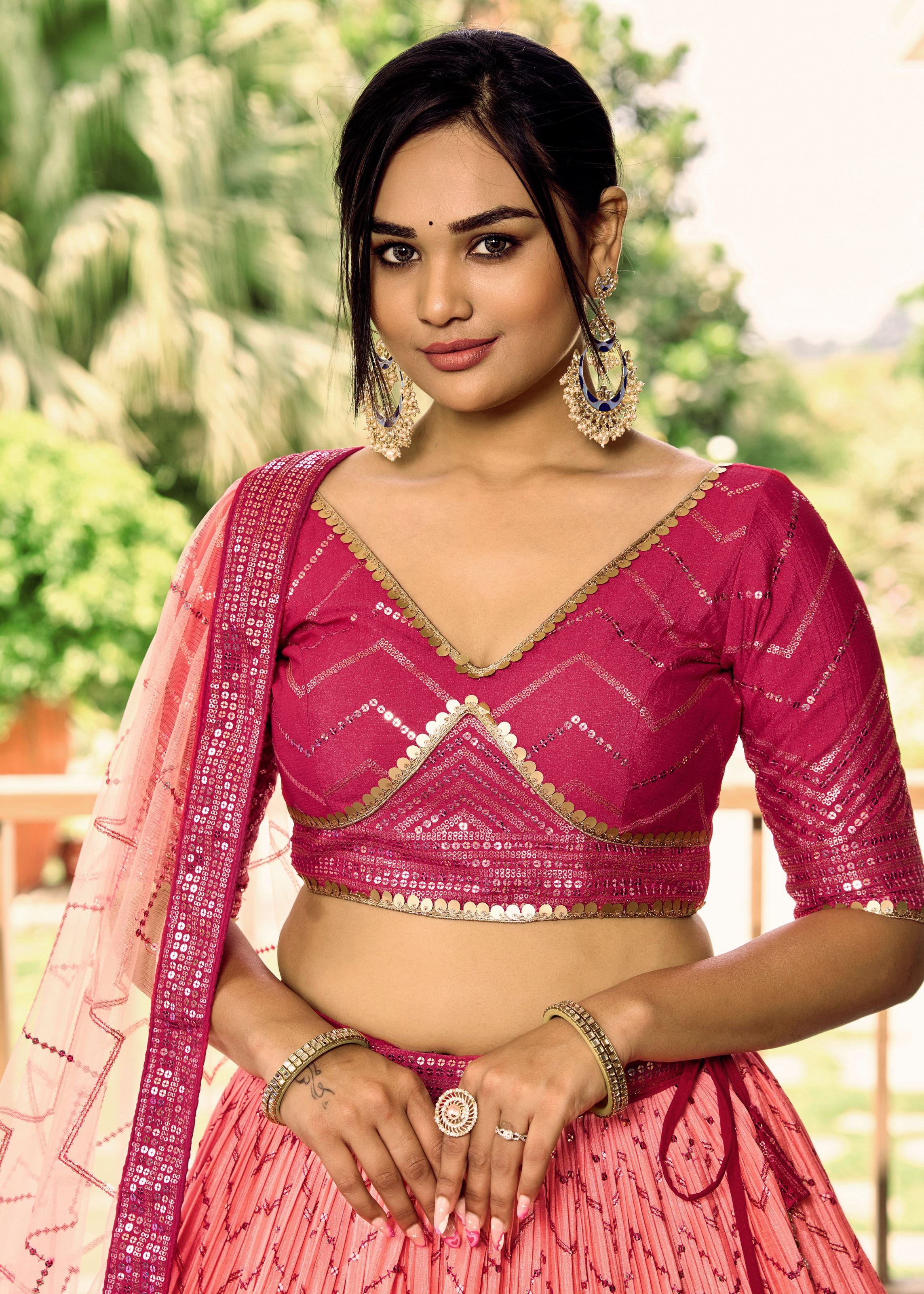 Pink Chinon Lehenga Choli With Sequins, Thread Embroidery Work