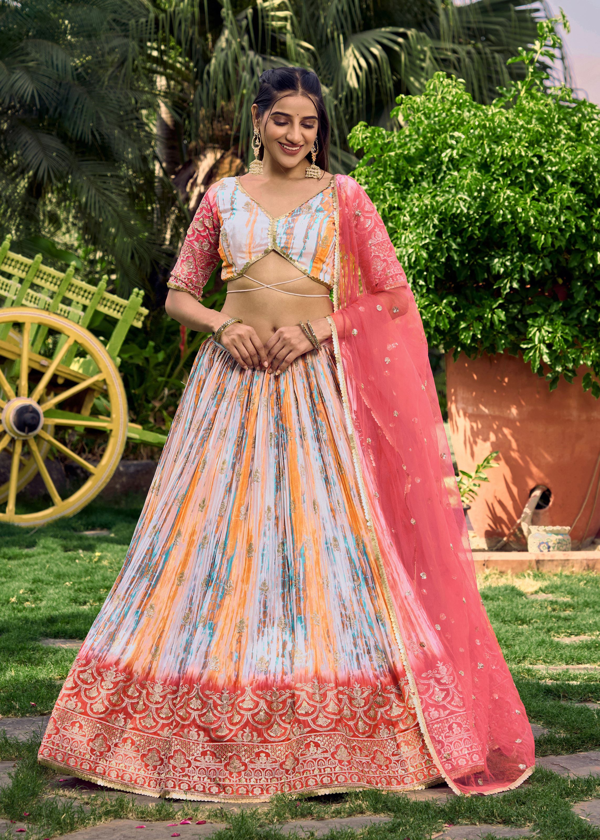 Pink Chinon Lehenga Choli With Sequins, Zari Embroidery Work with Digital Print