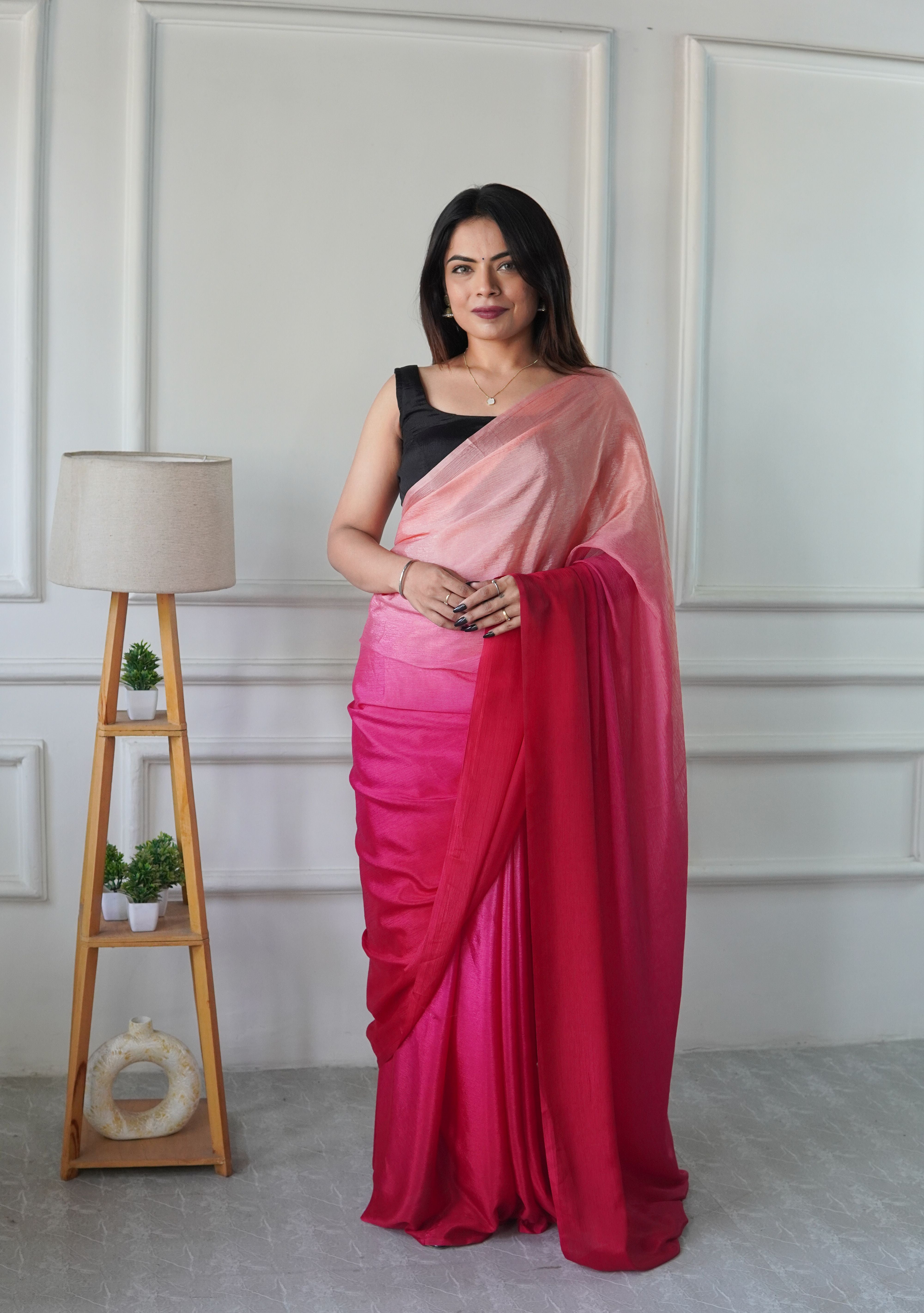 Pink Chinon Pedding Solid Designer Ready To Wear Saree