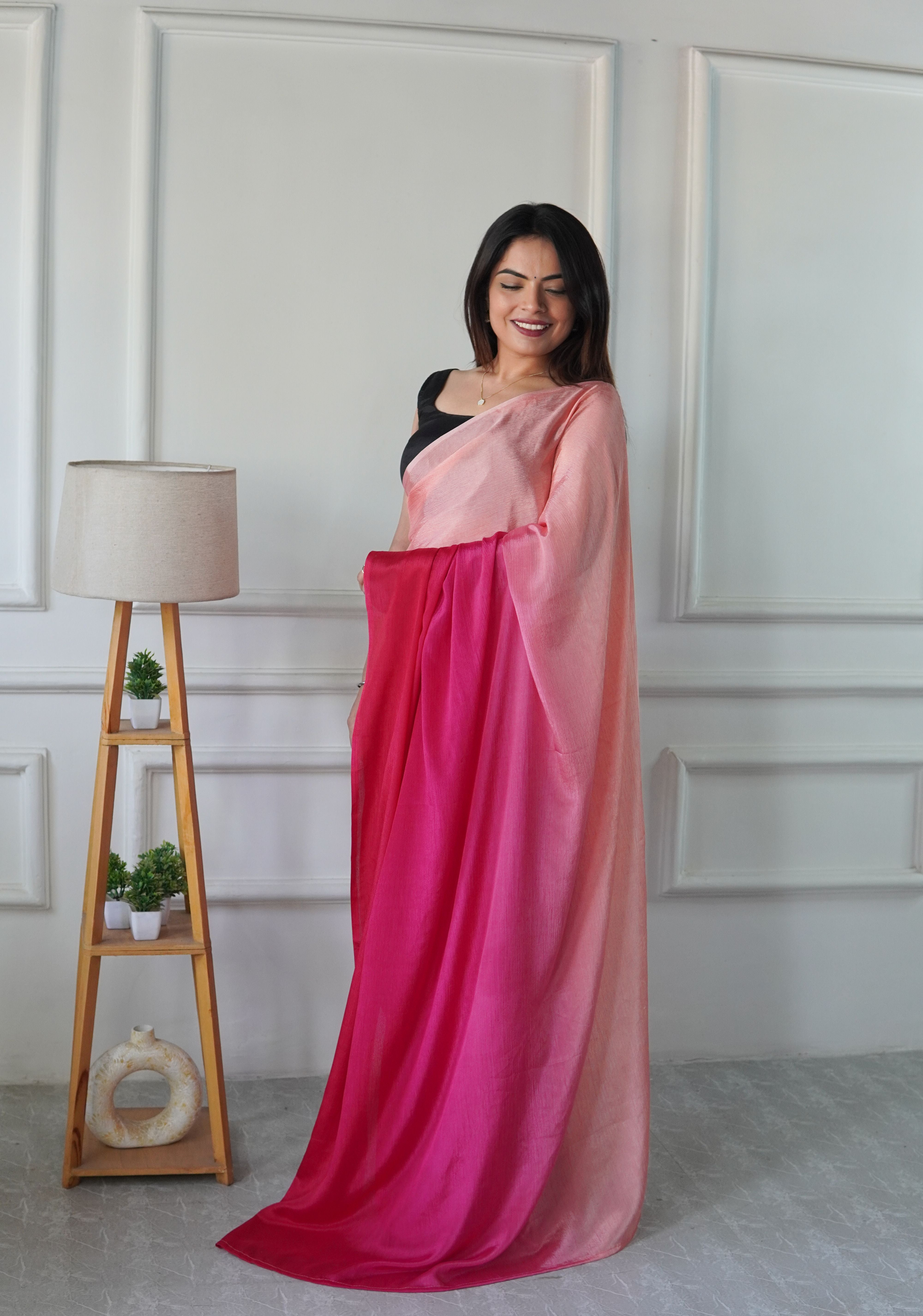 Pink Chinon Pedding Solid Designer Ready To Wear Saree