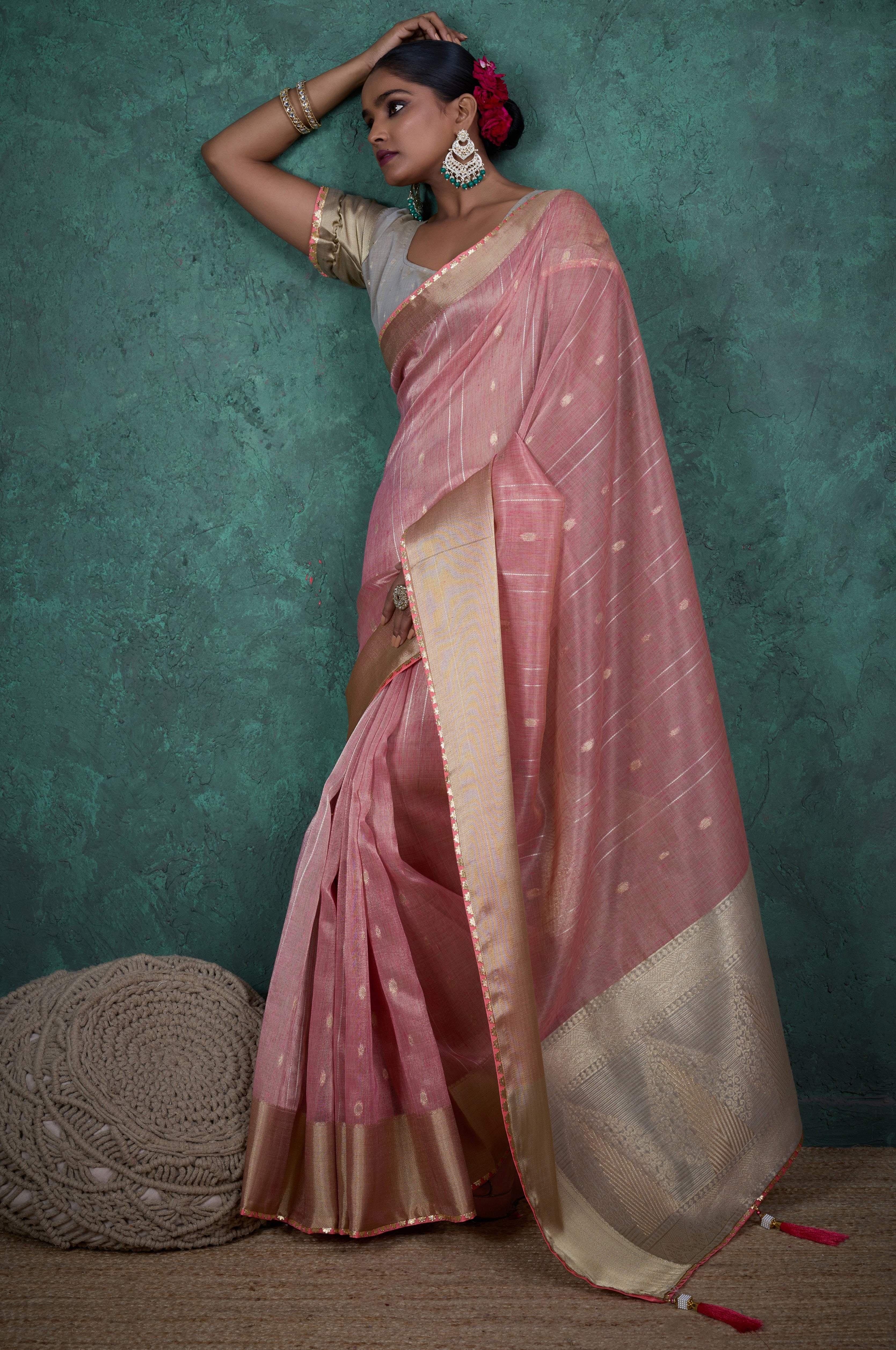 Pink Color Linen Blend Saree With Self Woven Butta