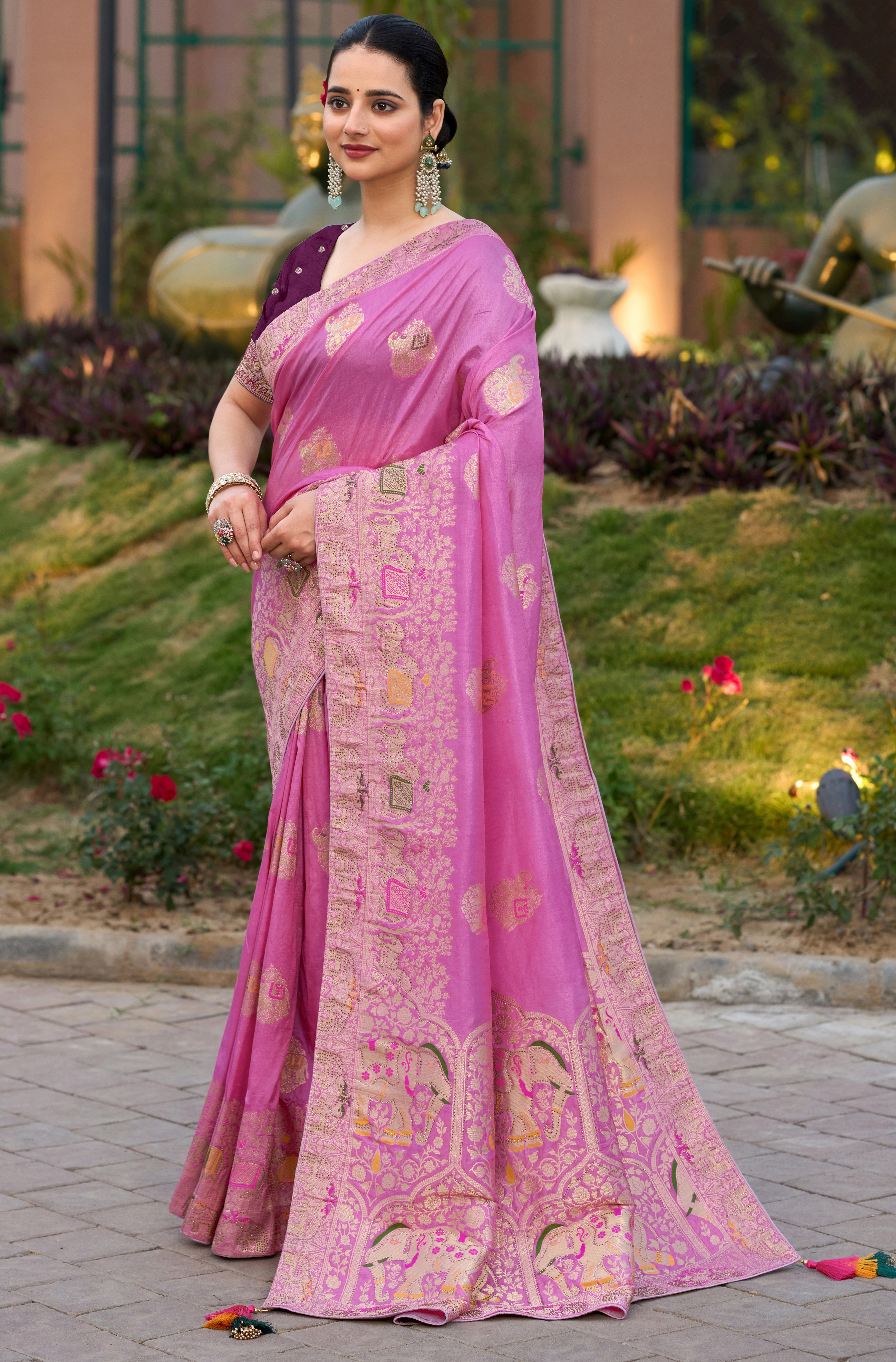 Pink Color Pure Dola Silk Saree With Jacquard Woven Work