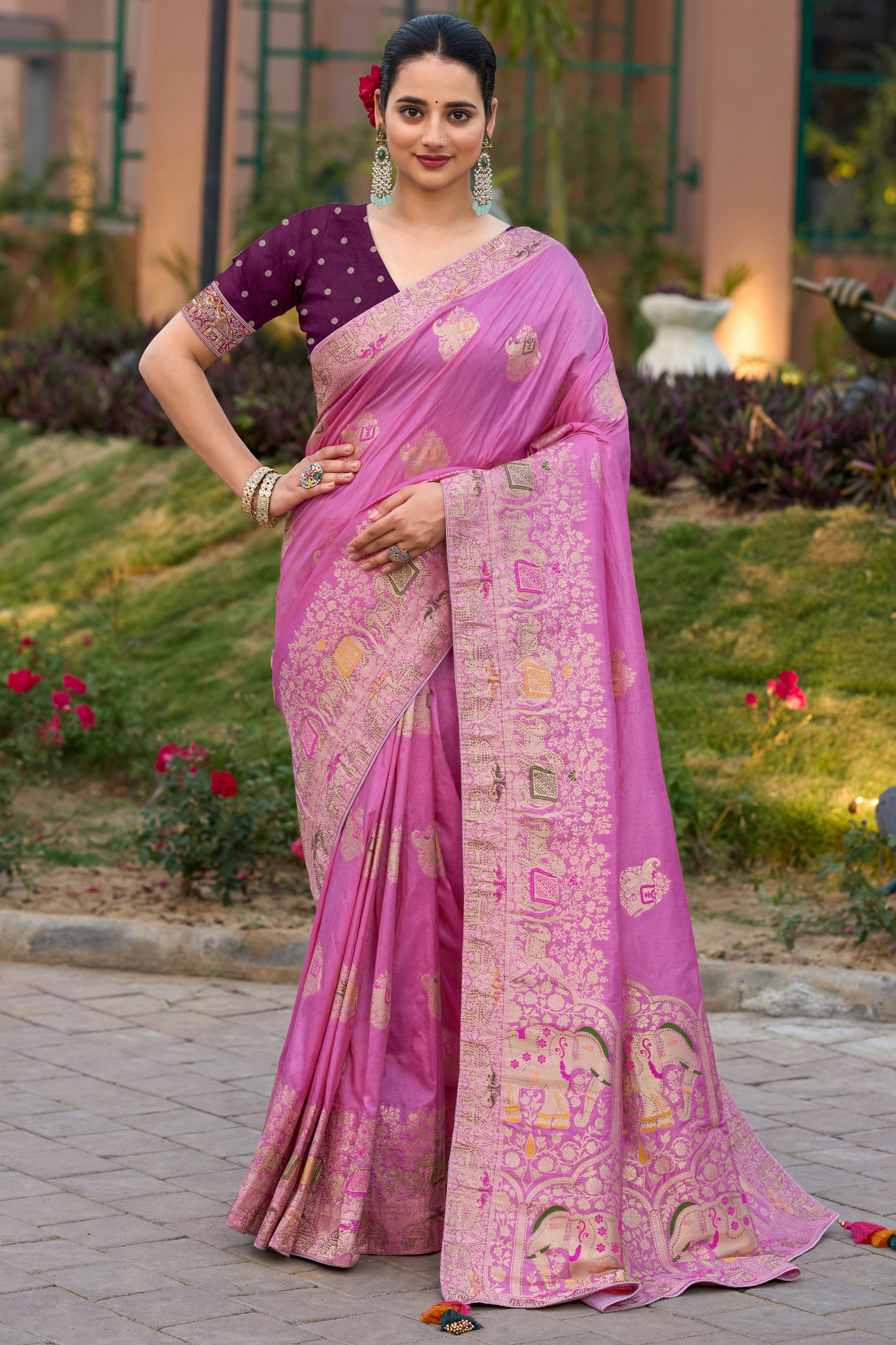 Pink Color Pure Dola Silk Saree With Jacquard Woven Work