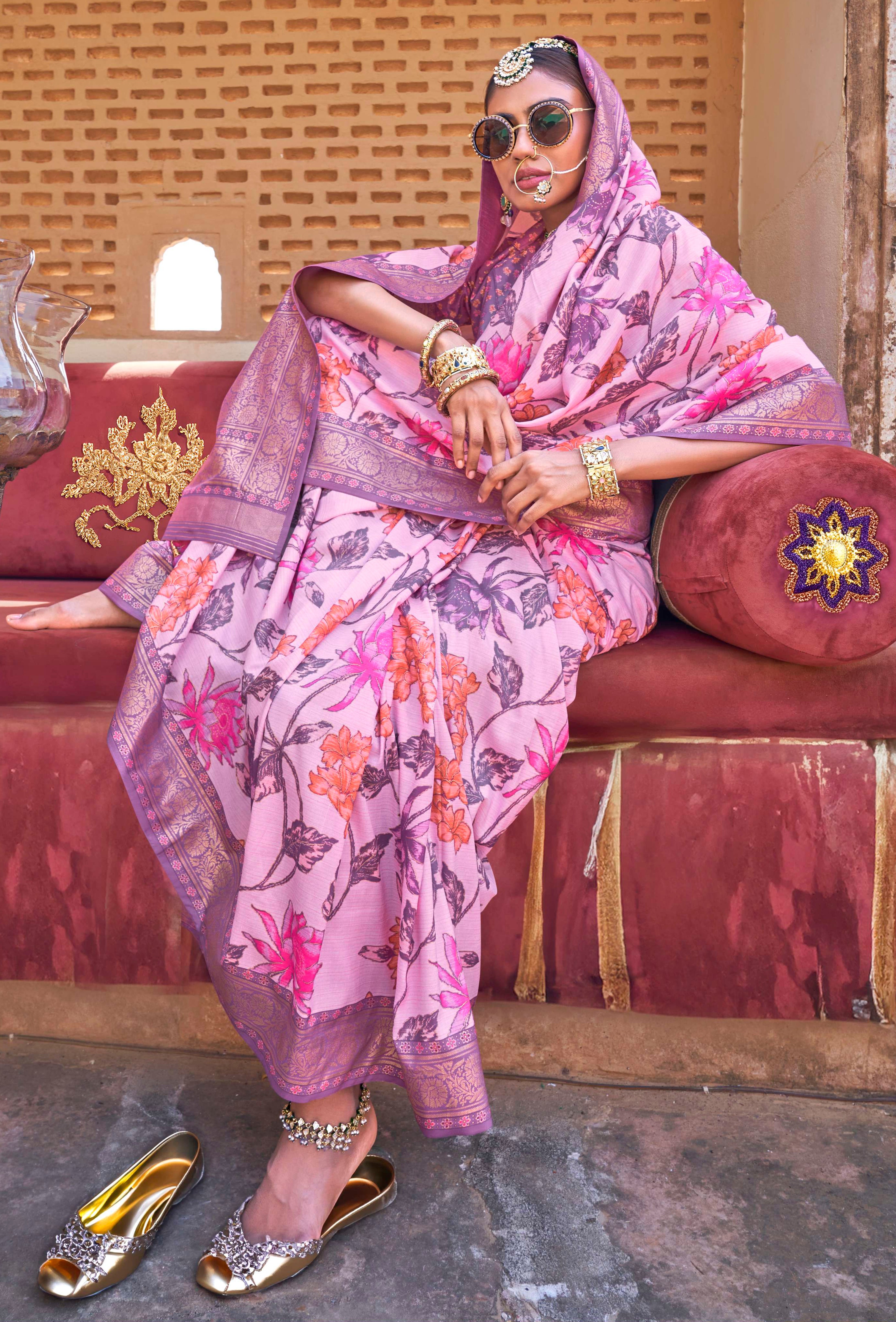 Pink Color Pv Silk Saree With Smart Floral Print
