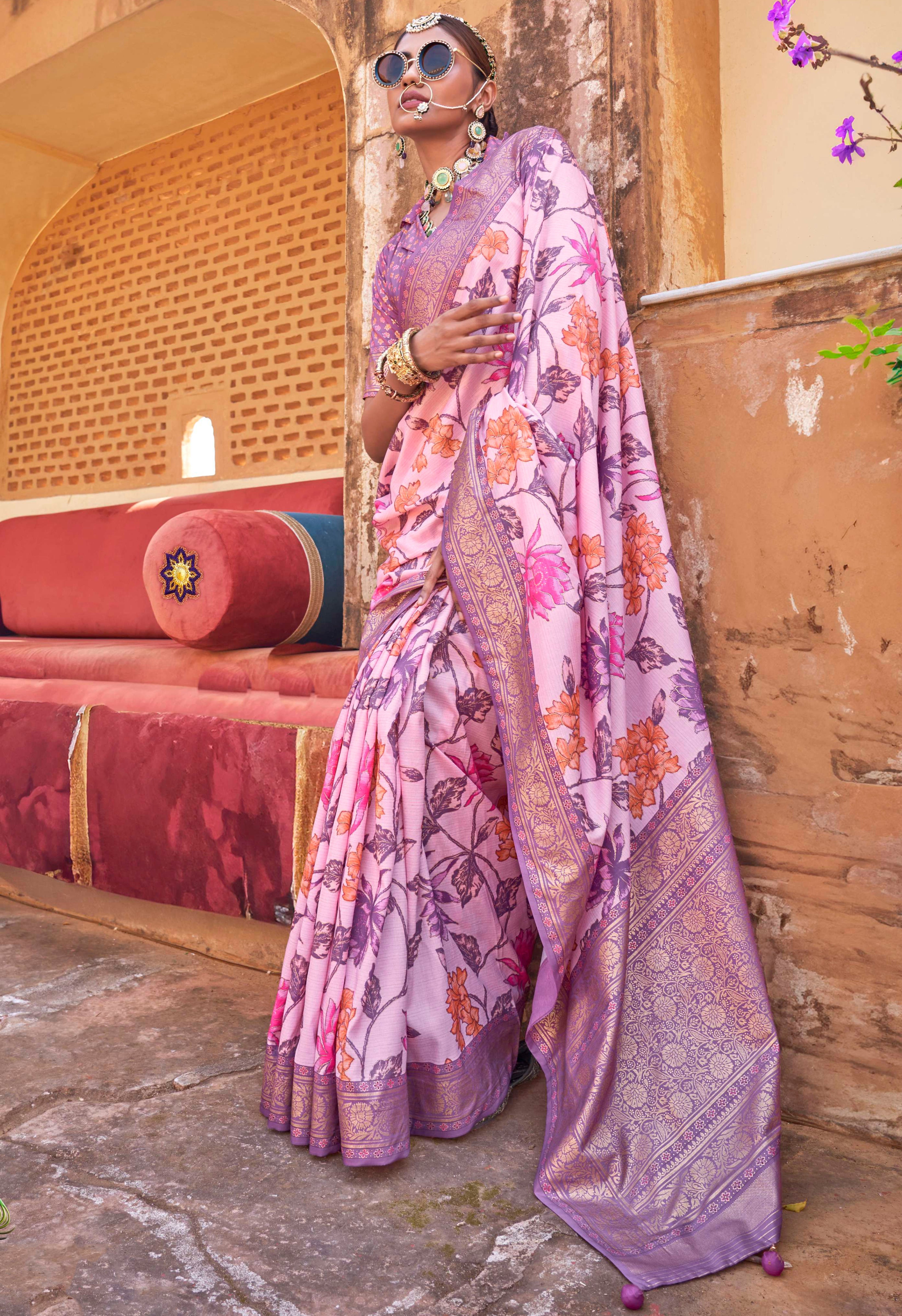 Pink Color Pv Silk Saree With Smart Floral Print