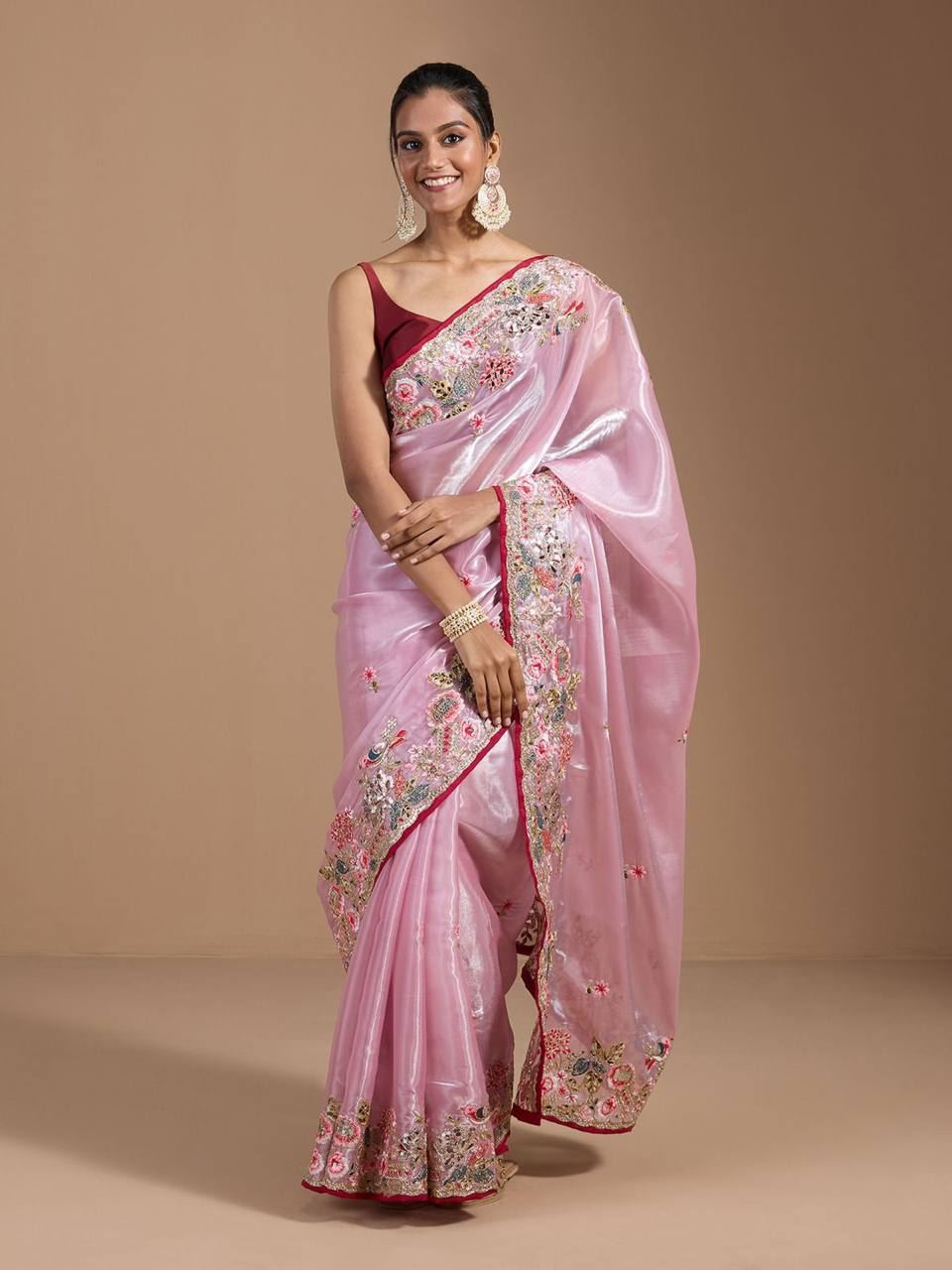 Pink Colour Organza Silk Heavy Work Saree