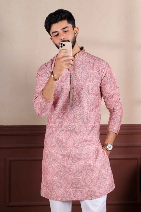 Pink Cotton Blend Kurta Pajama with Abstract Print