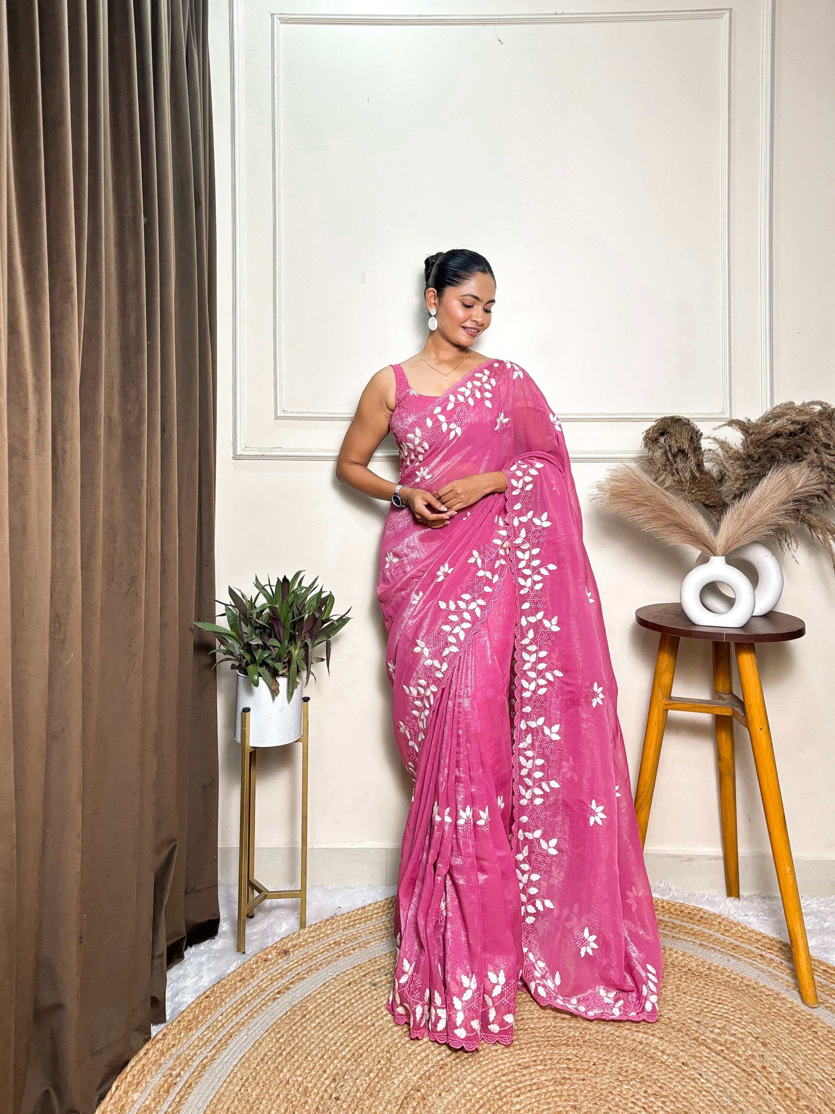 Pink Crunchy Ethnic Beautiful Embroidered Saree