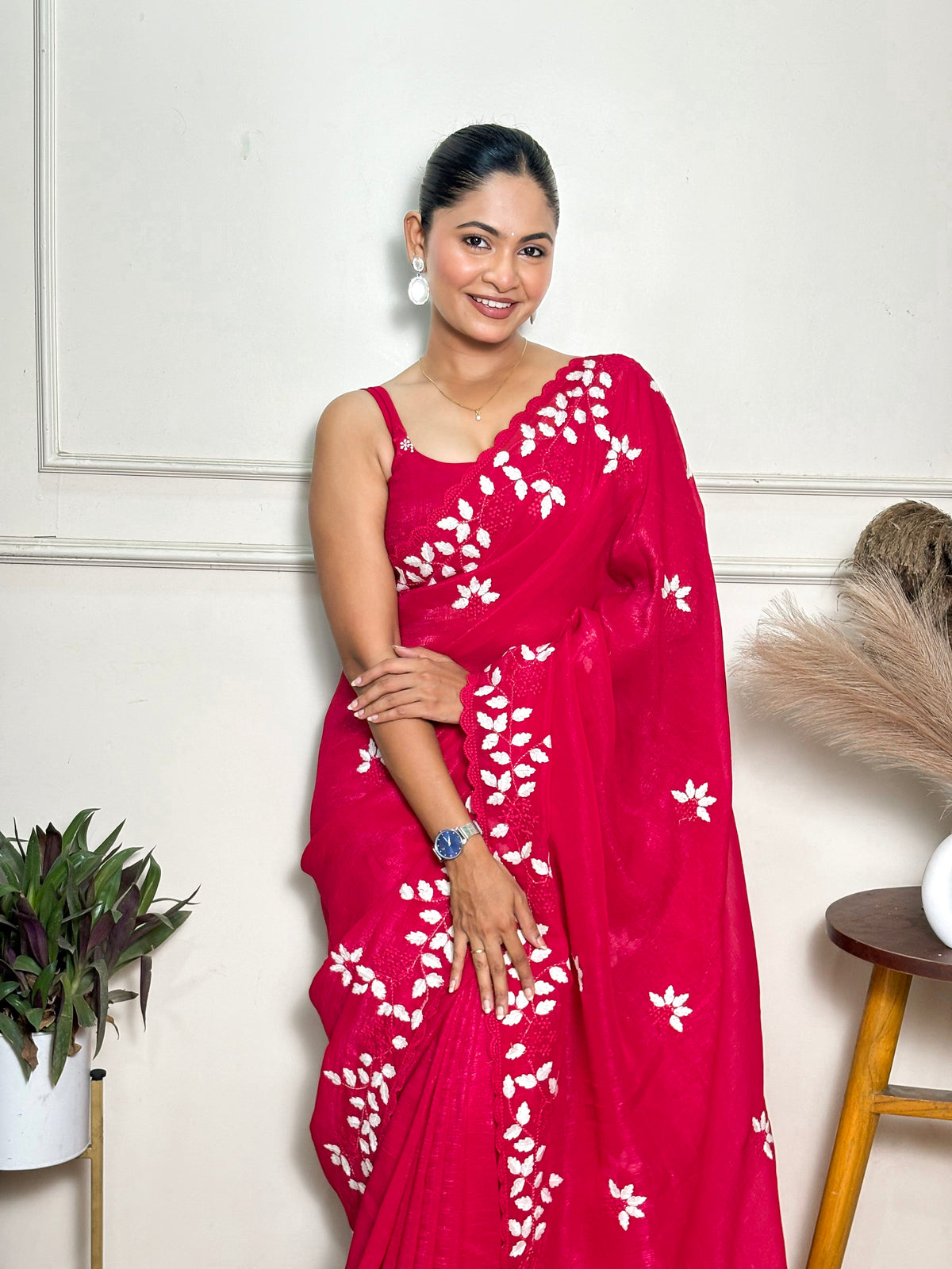 Pink Crunchy Ethnic Beautiful Embroidered Saree