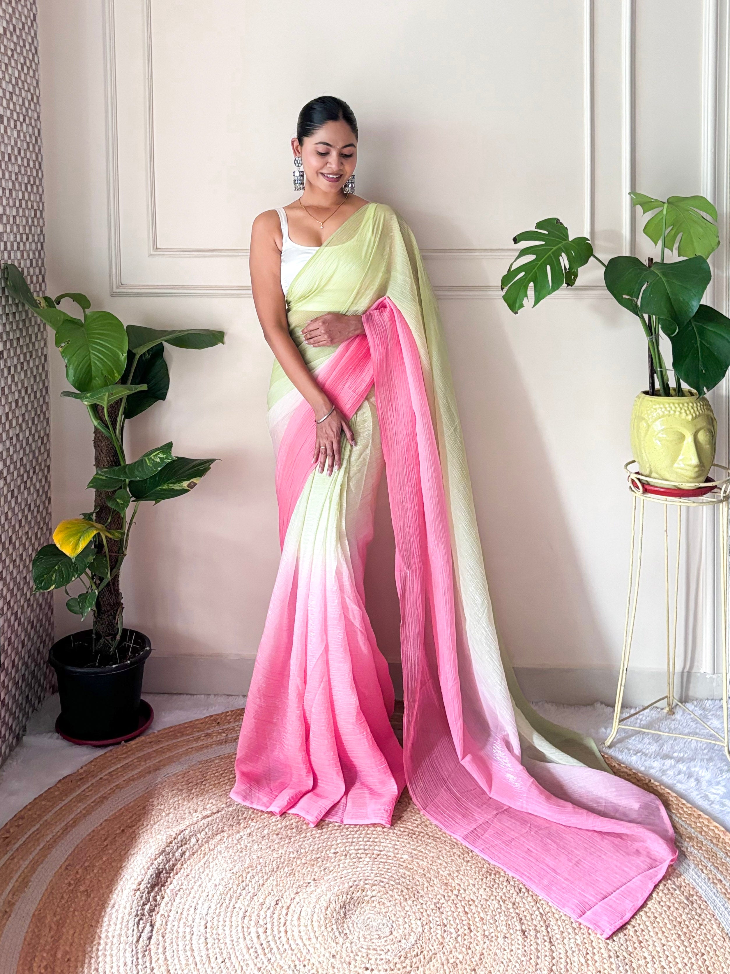 Pink Crunchy Pedding Solid Bollywood Style Ready To Wear Saree